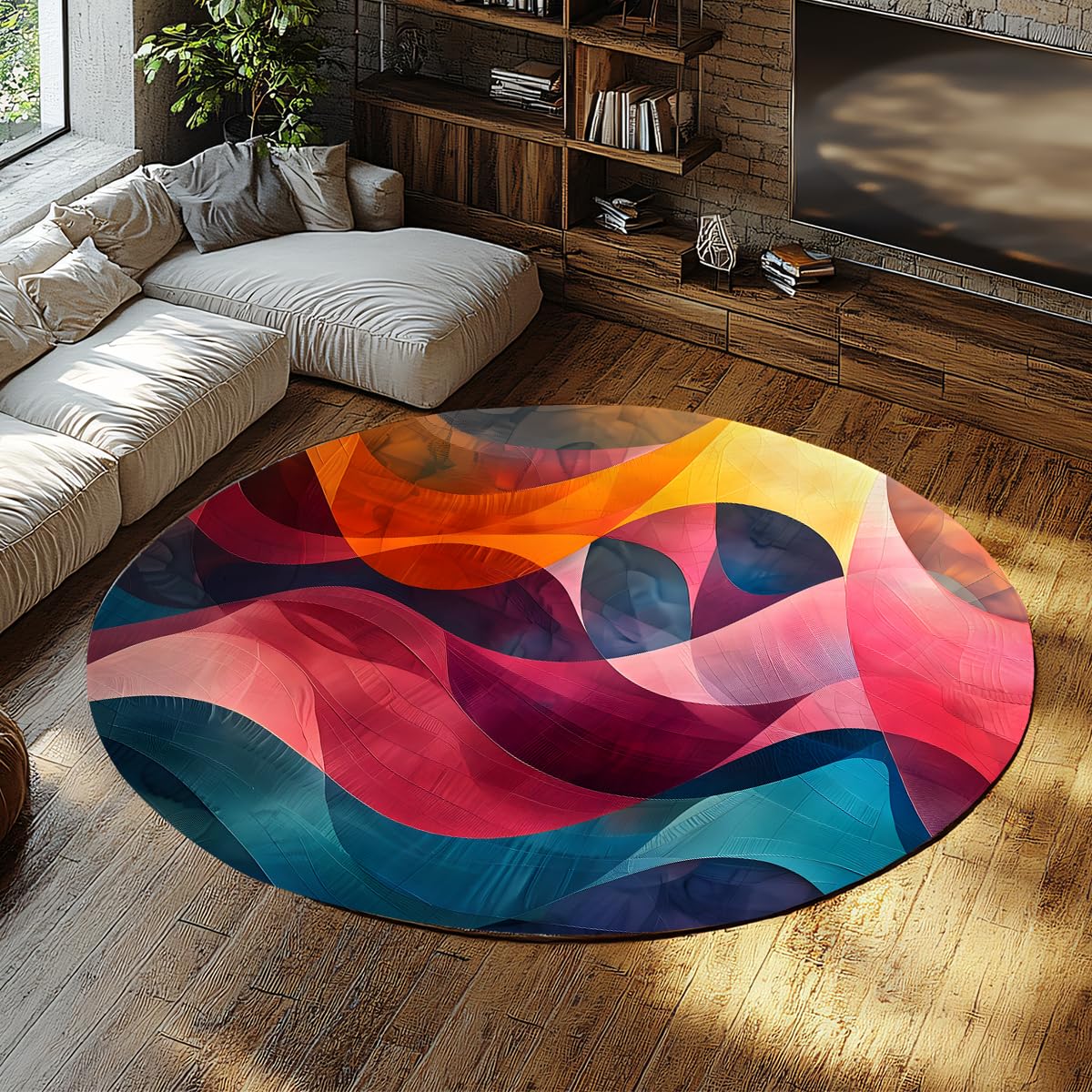 Tapis Rond Abstrait pour Chambre 200cm Tapis Circulaire Fausse Laine Douce Courbe colorée bohème Lavable Poil Bas pour Salon canapé Chambre Enfant