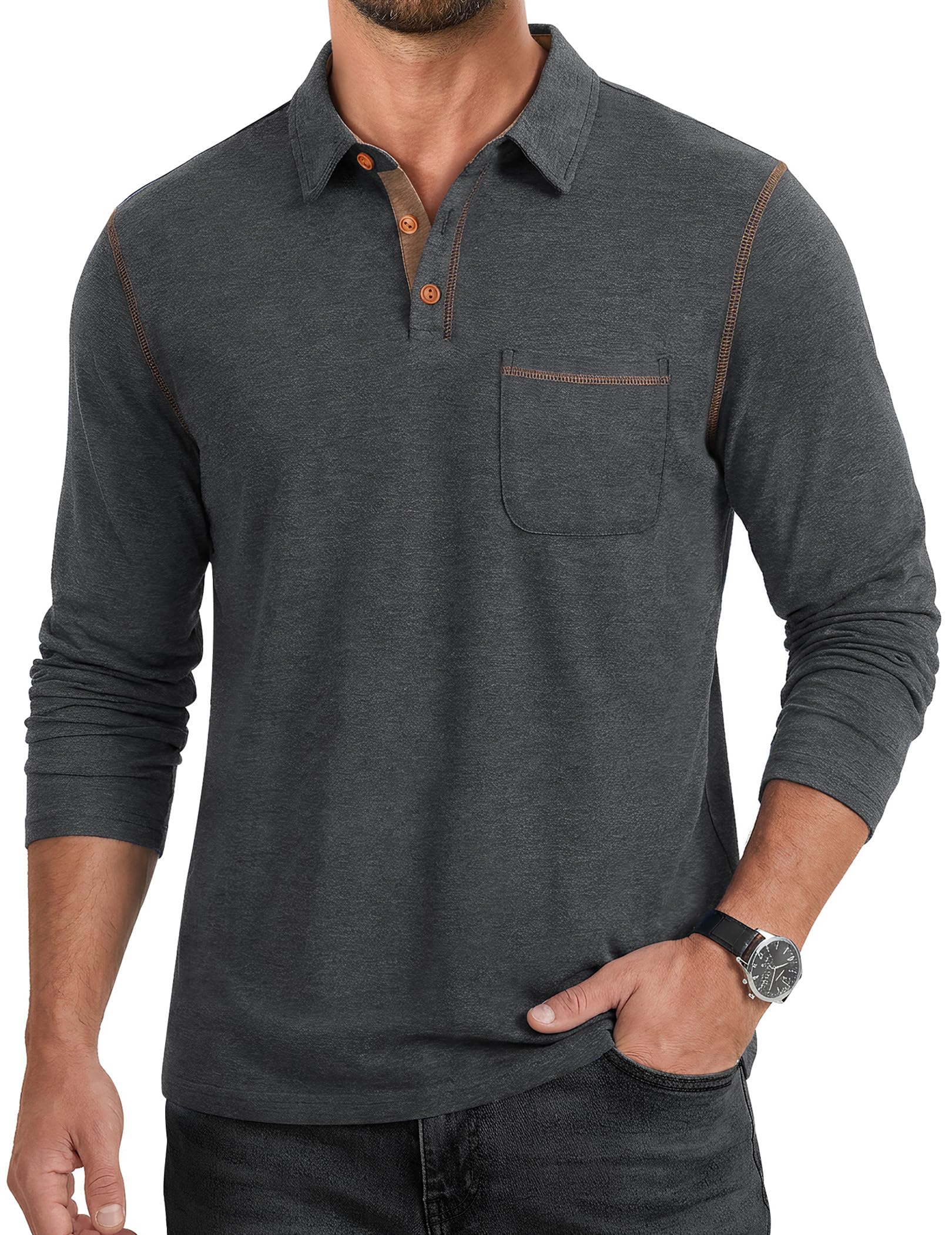 ASYJUMPD Mens Long Sleeve Polo Shirts Stylish Casual Golf Shirt with Pocket | Contrasting Collar and Stitching, Classic, Modern, Soft, Lightweight, Breathable, Daily, Vacation, Work, Date
