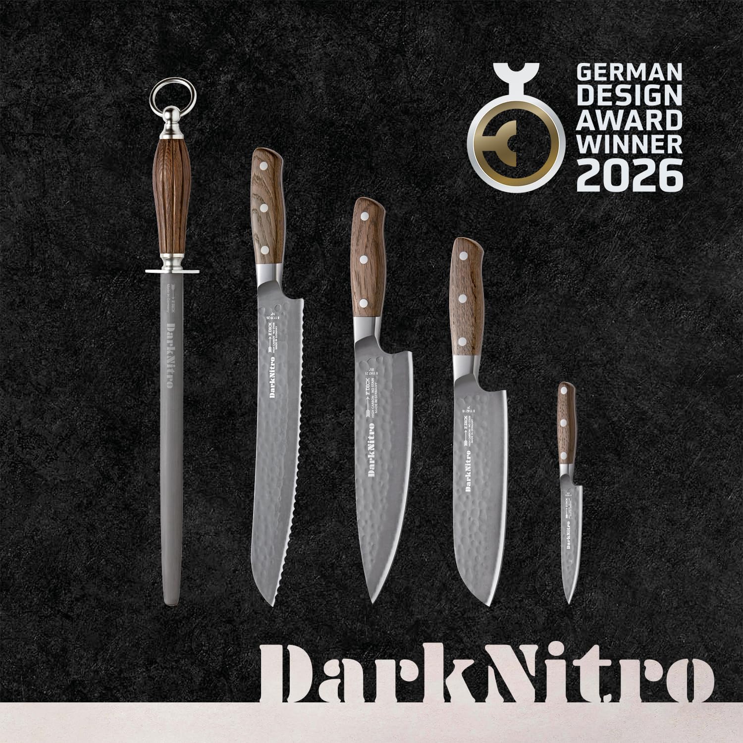 F. DICK Kochmesser DarkNitro 21 cm - geschmiedet, rostfrei, Klinge extra scharf, 61 HRC, Chefmesser Hammerschlag & Eichenholzgriff - Spezialstahl Küchenmesser - Profi Messer Made in Germany - 81147212