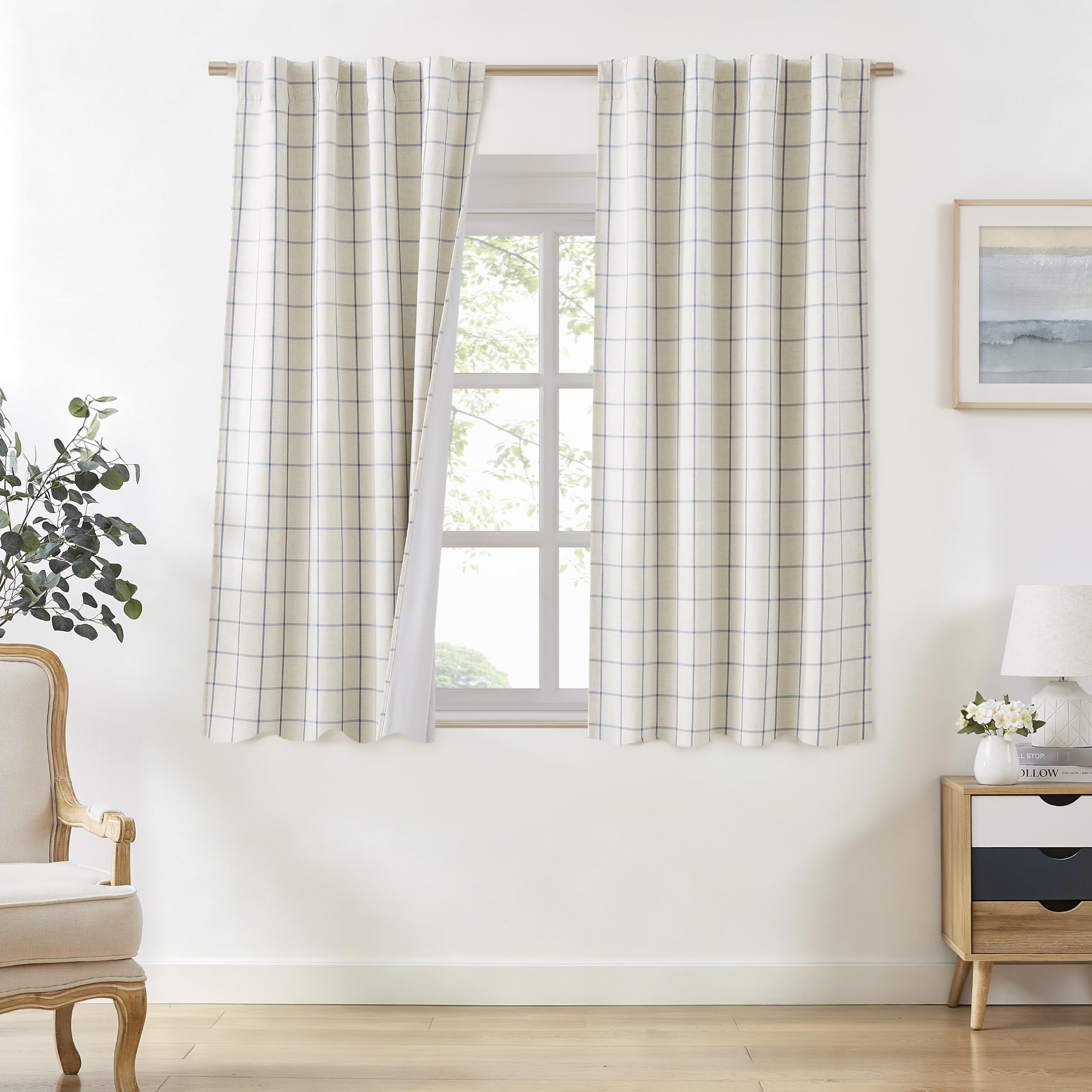 Bapawfish 72 Inch Dusty Blue Plaid Blackout Curtains Bedroom Living Room
