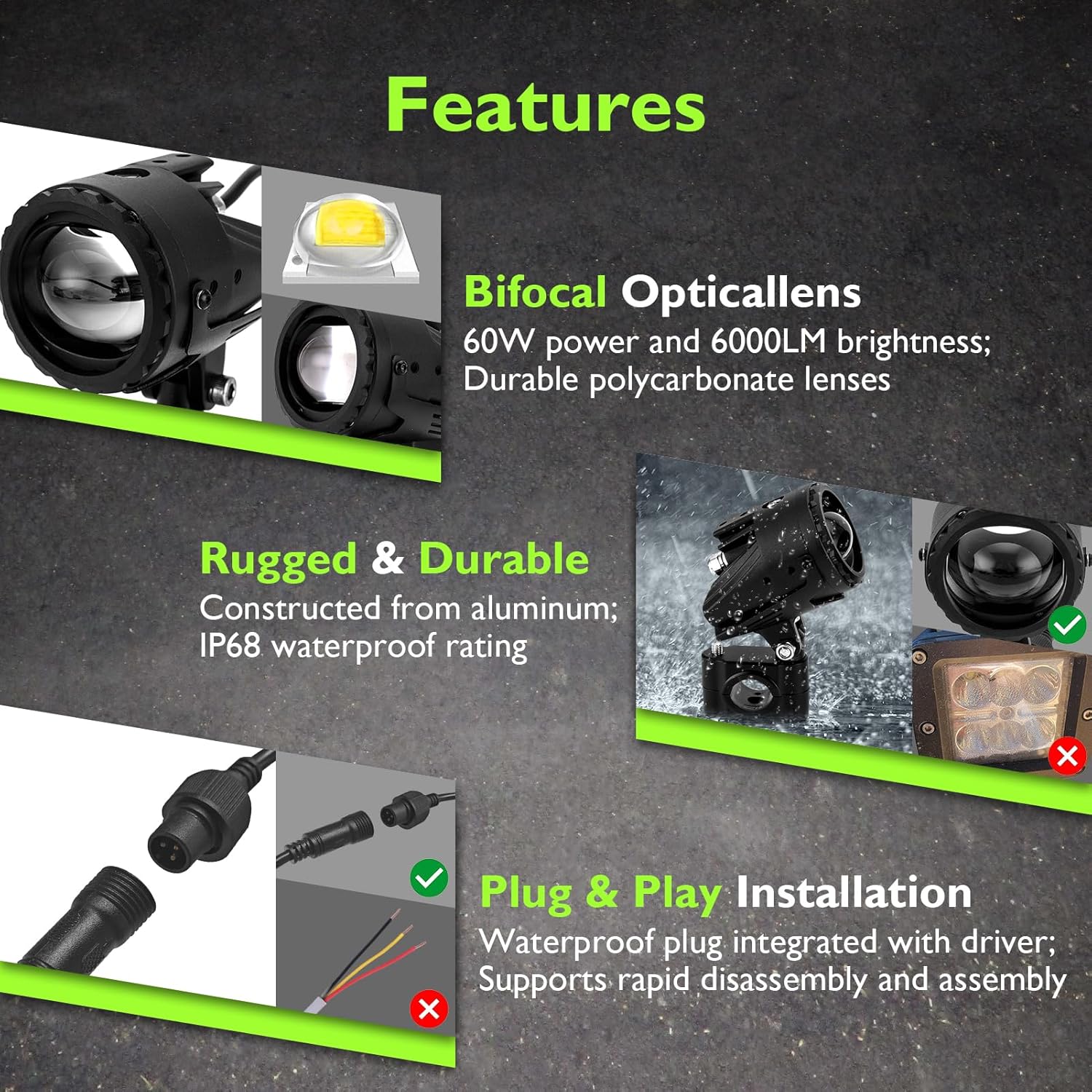 Mofun 60W Motorcycle Auxiliary LED Light White/Amber Driving Light with Mount Brackets Wire Harness Compatible with Yamaha YZ250F Fit CRF450R, Compatible with Herley, Fit 1"-1.25" Most Bar Diameter