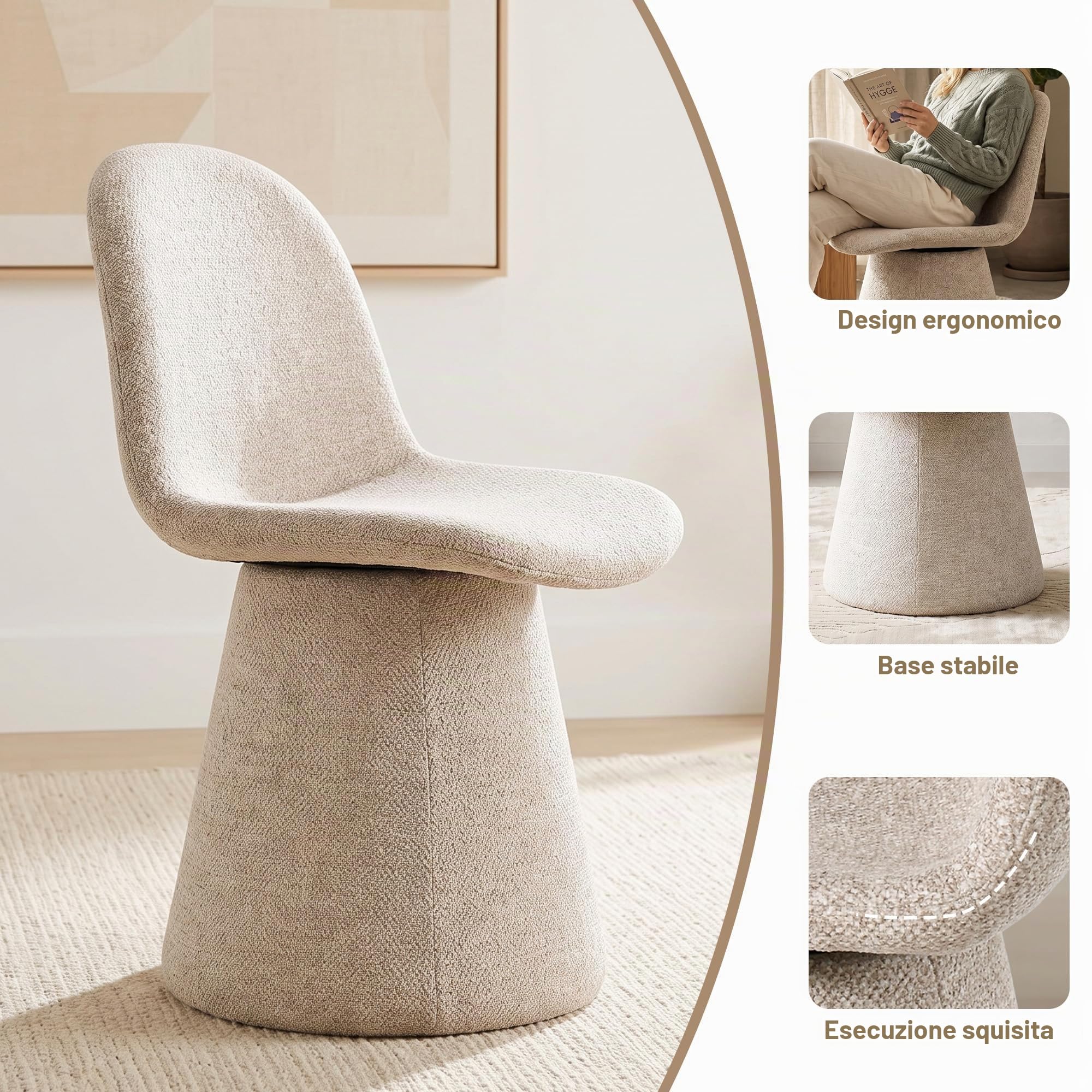 Duhome Sedia da pranzo girevole a 360 gradi in tessuto bouclé moderna poltrona lounge imbottita per cucina, soggiorno, camera da letto, corridoio, beige