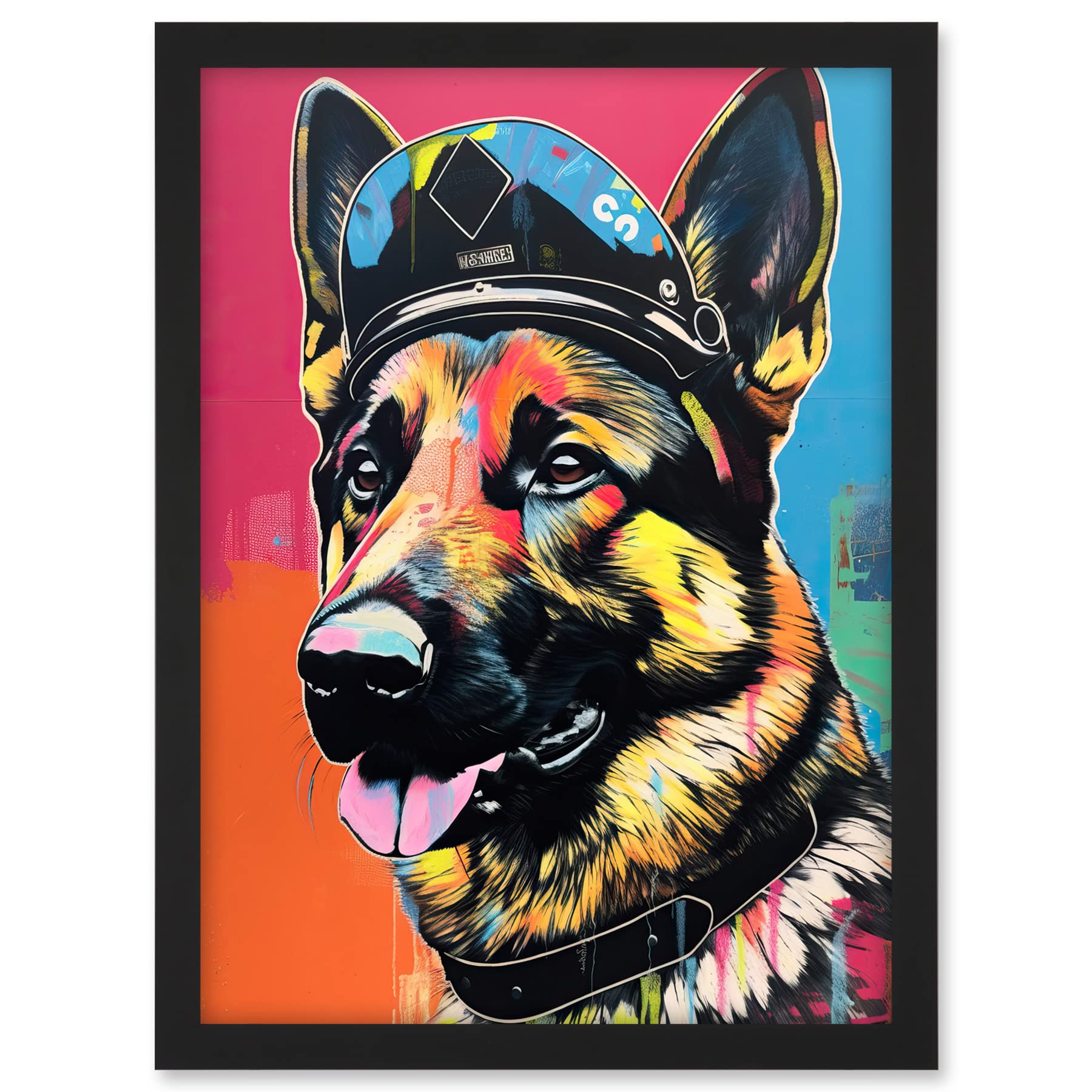 Artery8 German Shepherd Wearing Police Hat Modern Pop Art Artwork Framed A3 Wall Art Print