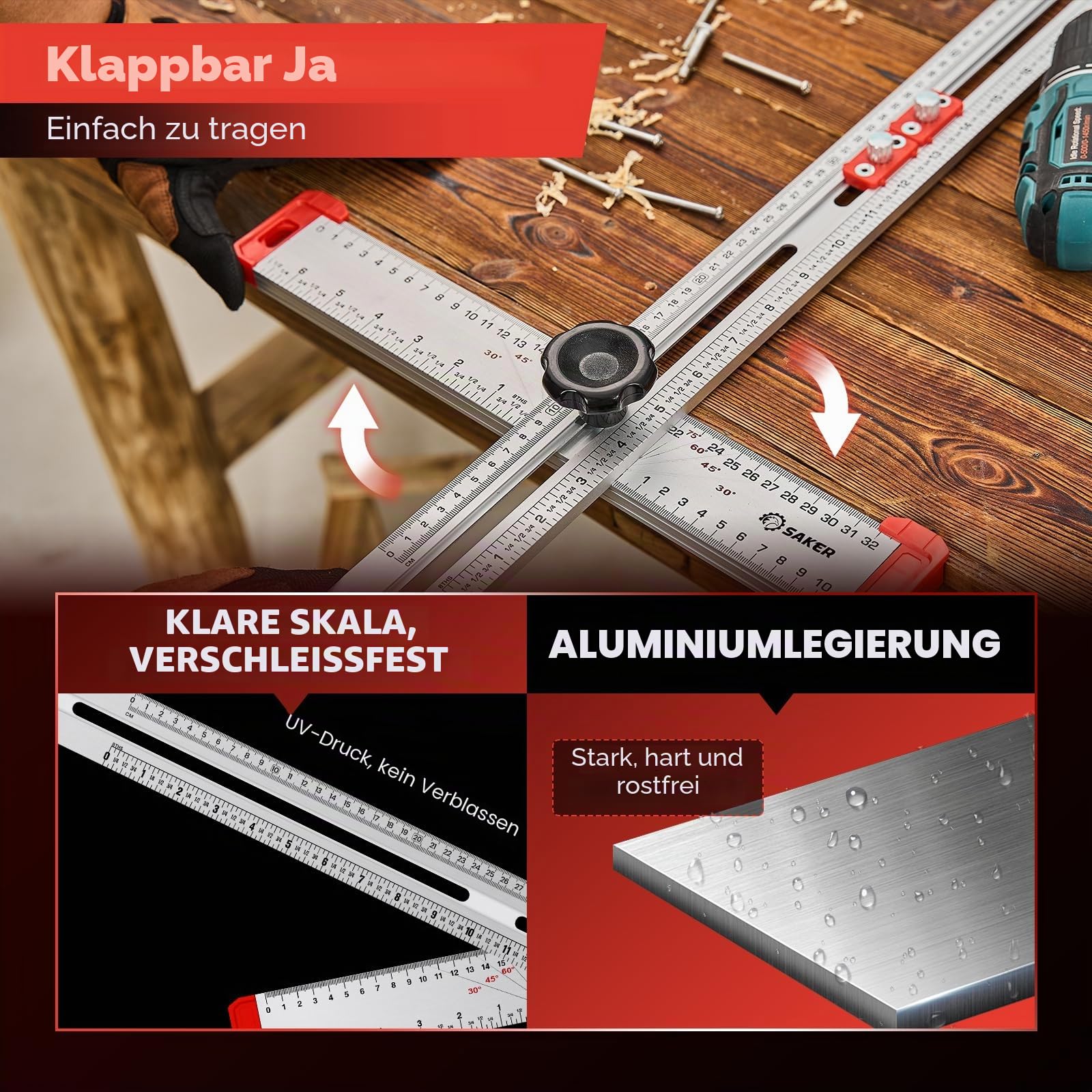 Saker 4-in-1-Lineal für Bohrpositionierung, T-Vierkant, Markierungslehre, Holzbearbeitung, Anreißen, Zeichnen, präzises Bohrwerkzeug