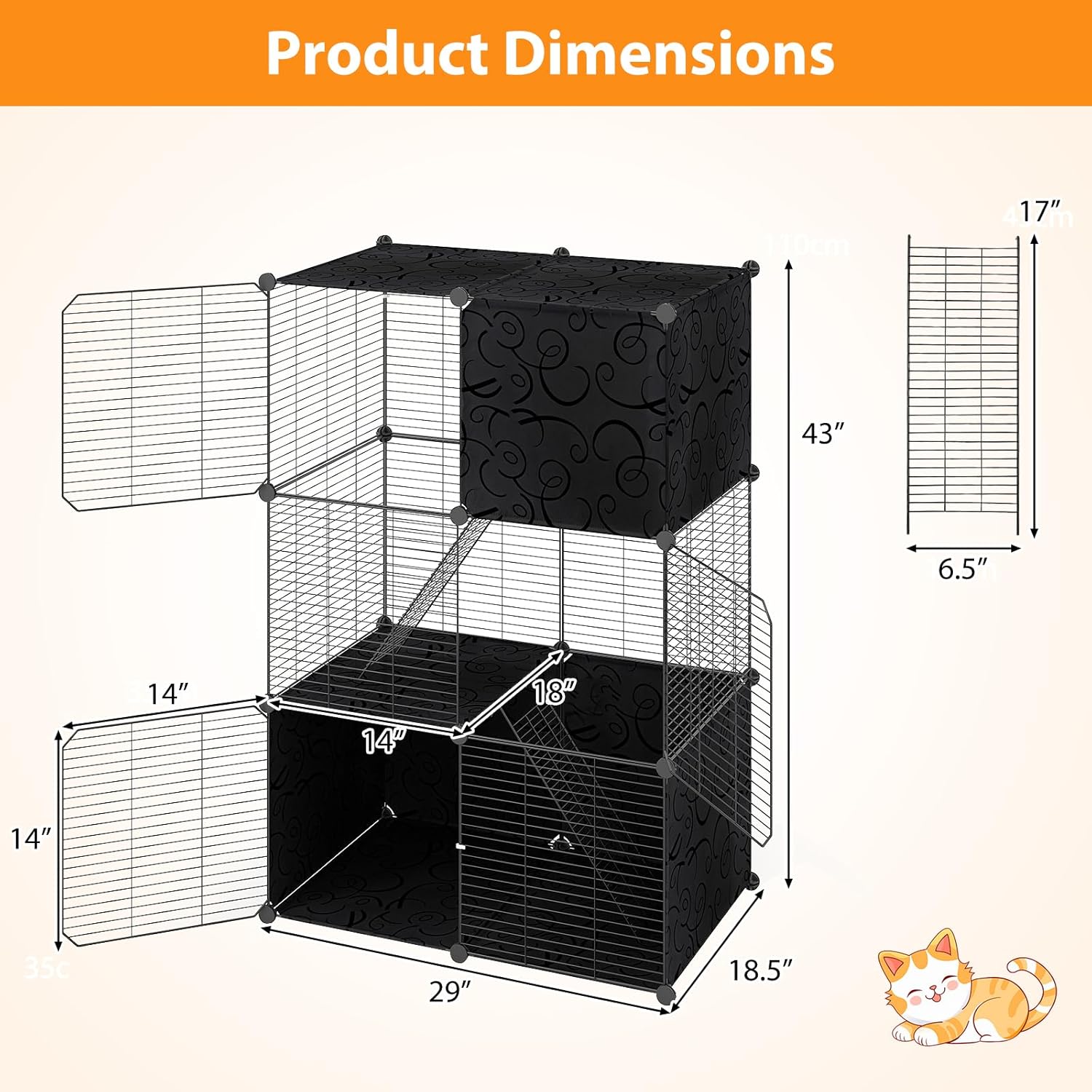 Product dimensions diagram showing the overall dimensions of the cat enclosure: 29 inches L x 18.5 inches W x 43 inches H. Also shows door size 14x14 inches and ladder size 17x6.5 inches.