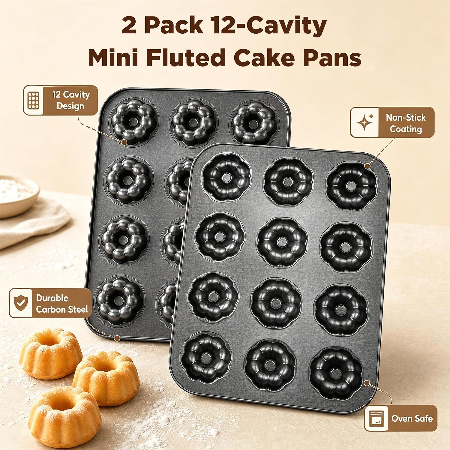 2 Pack Mini Bundt Cake Pan 12-Cavity, Carbon Steel Fluted Tube Molds, Nonstick Mini Cake Pan with Rolled Edges for Bite-Sized Desserts, Muffins, Donuts, Ideal for Holiday Baking & Parties(LP-MR-01)