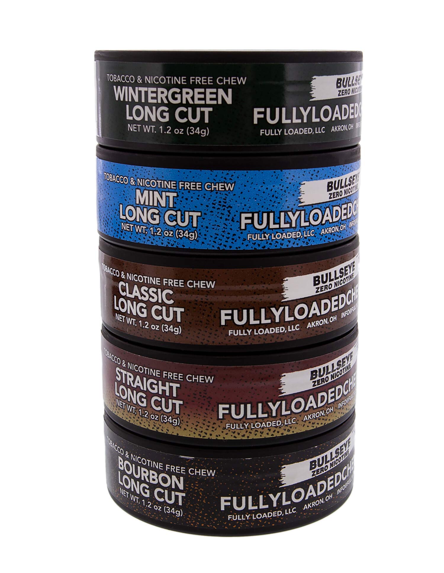 Fully Loaded Bullseye Chew Tobacco and Nicotine Free Sampler Pack Long Cut 5 Varieties of Flavor, Chewing Alternative