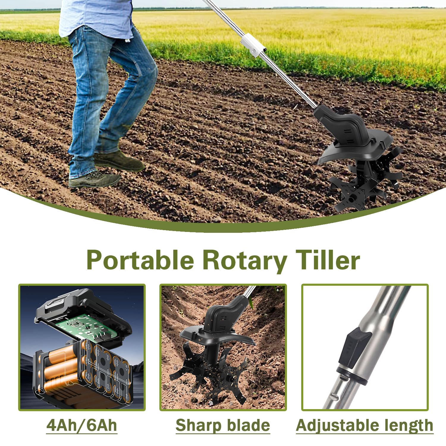 Coltivatore senza fili, motocoltivatore elettrico portatile, motozappa da giardino a batteria, con batterie da 4/6 Ah e display di potenza per frutteto, fattoria, giardino, cortile