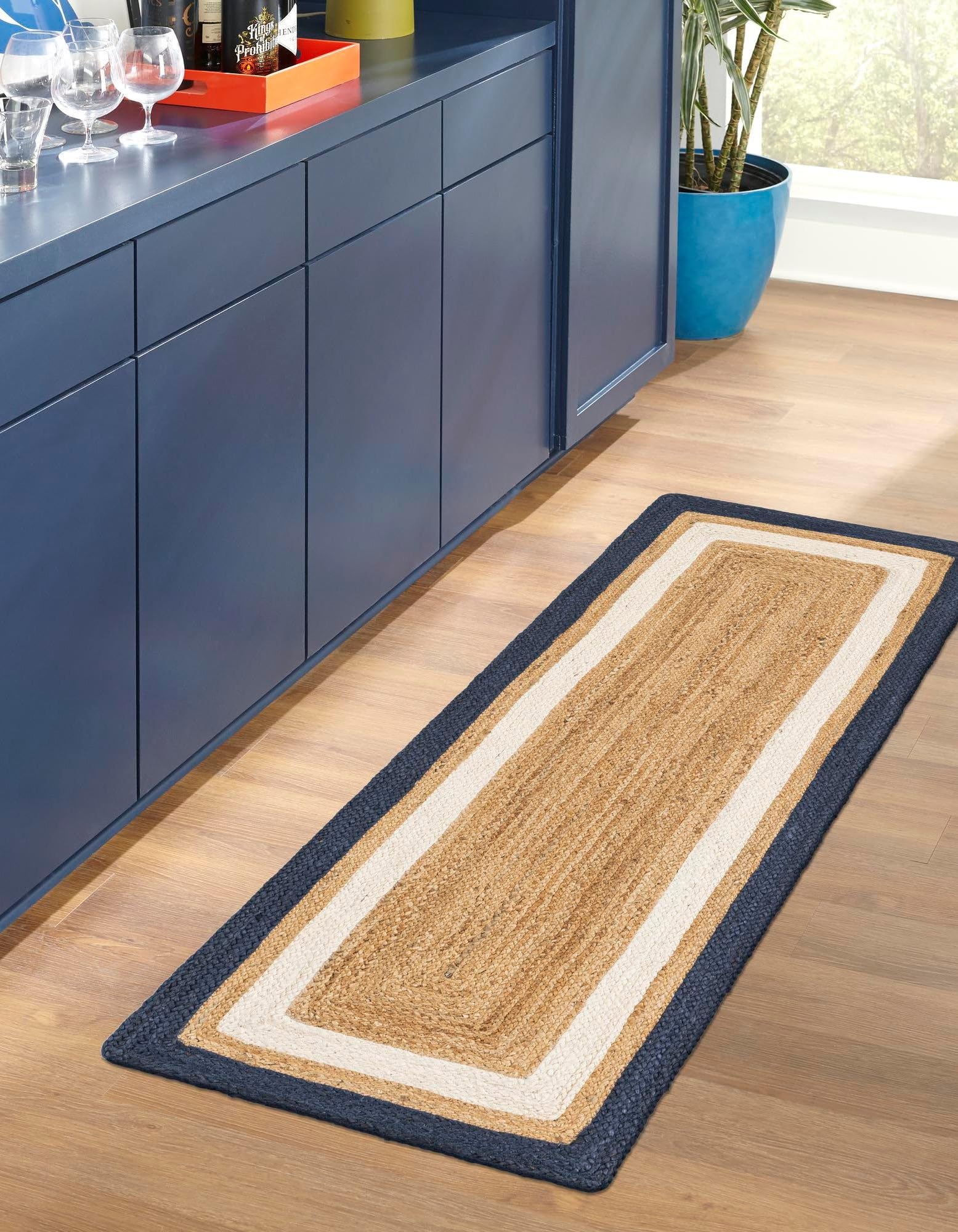Trademoon Indian Handmade Braided Navy Blue & White Boder Natural Jute Area Rug, Jute Rug, Living Room, Bedroom, Doormat Rug Size - 2.6 x 9 Feet (78 cm x 270 cm)