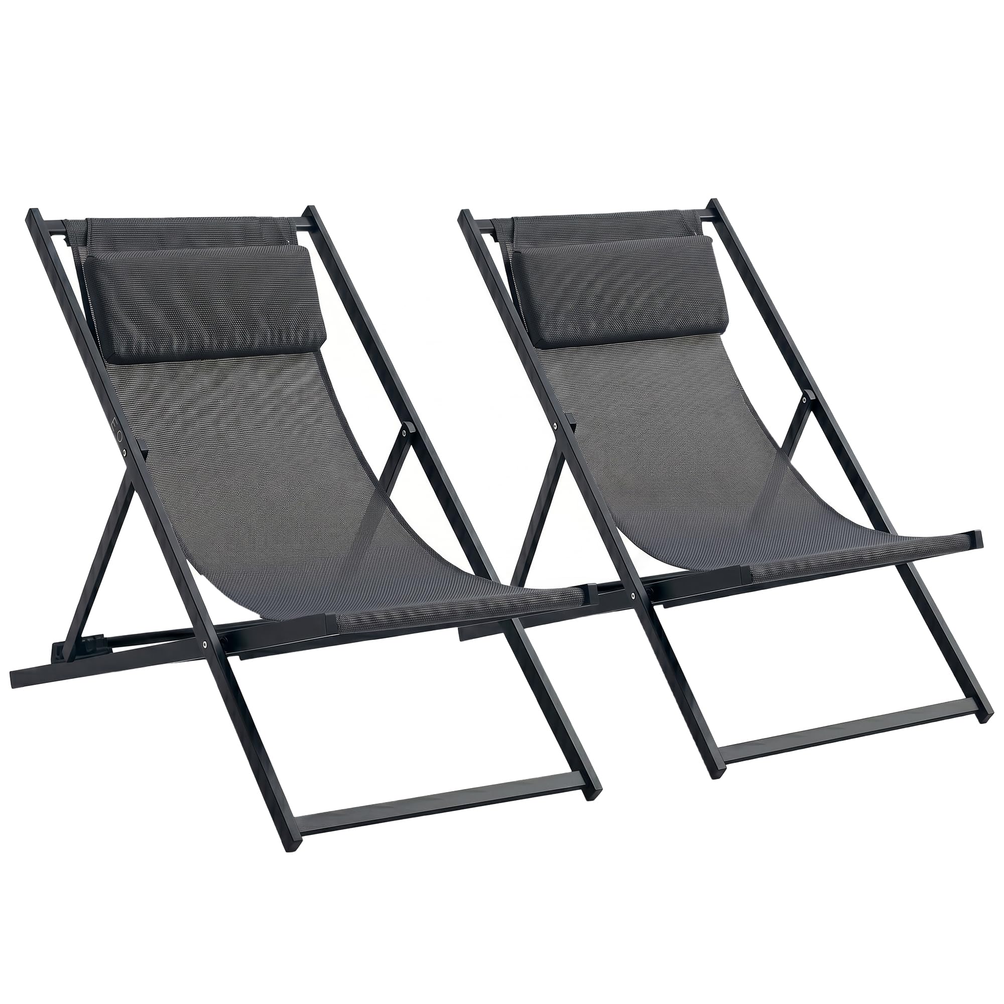 Outsunny Lot de 2 Bain de Soleil, Chaise Longue Pliante avec appuie-tête en textilène, transat Jardin extérieur inclinable de Plage Camping Piscine terrasse, 60 x 100 x 85 cm, Gris foncé