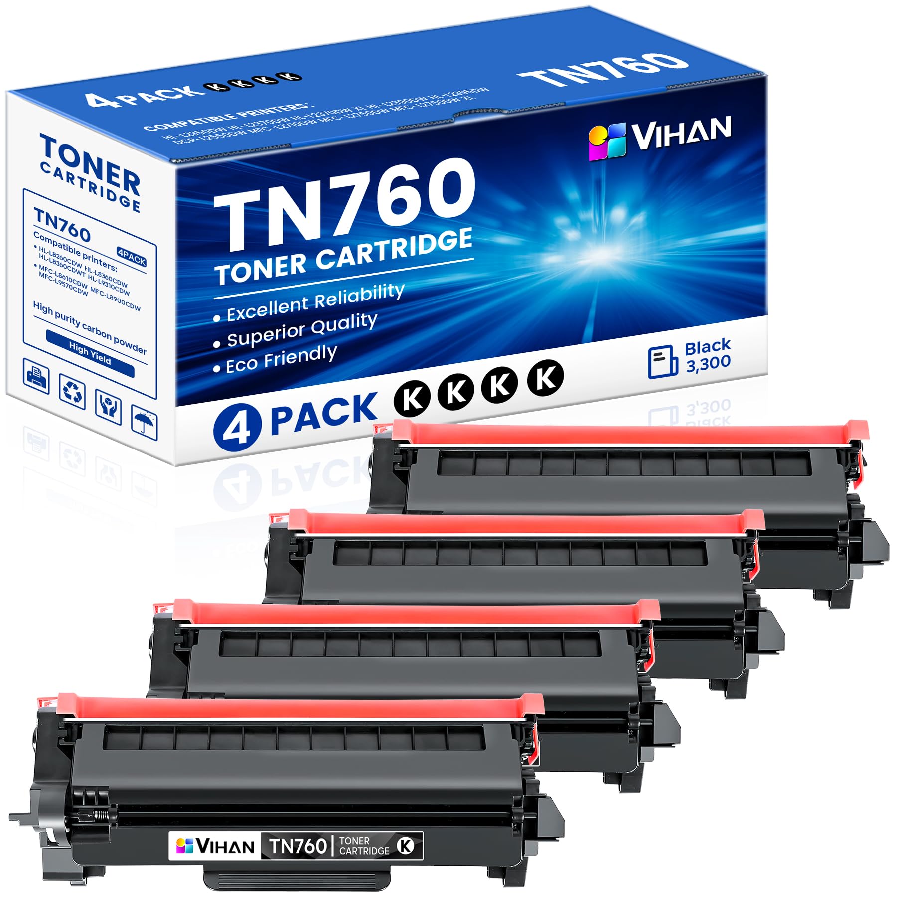 Vihan TN760 High Yield Black Toner Cartridge Replacement for Brother TN-760 TN 760 MFC-L2710DW MFC-L2750DW DCP-L2550DW HL-L2350DW HL-L2370DW Toner Printer (4 Pack)