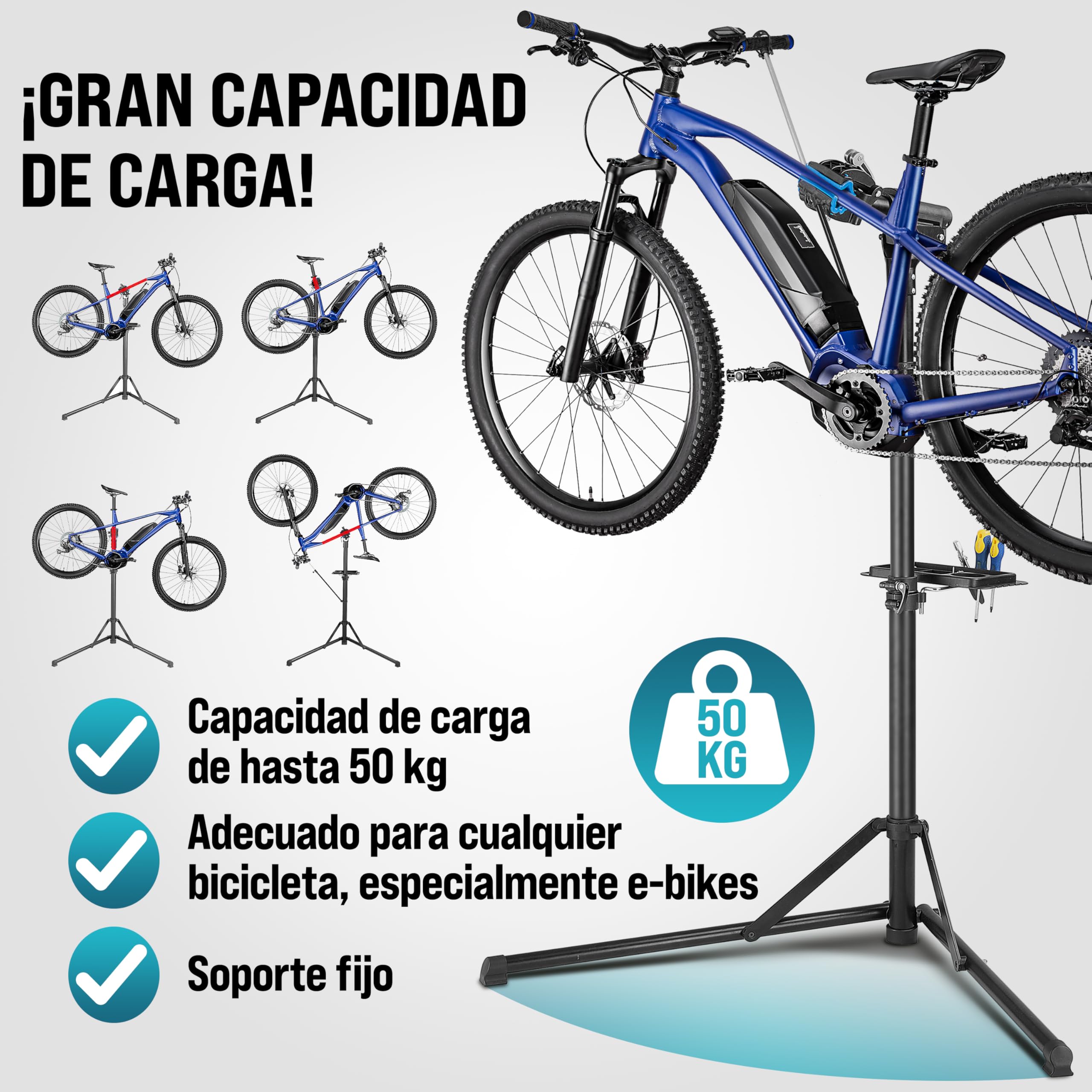 MONZANA® Caballete para Bicicleta Eléctrica Soporte Reparación Montaje Plegable Giratorio Altura Ajustable Barra Sujeción Manillar Bandeja para Herramientas Acero Carga Máxima 50 Kg