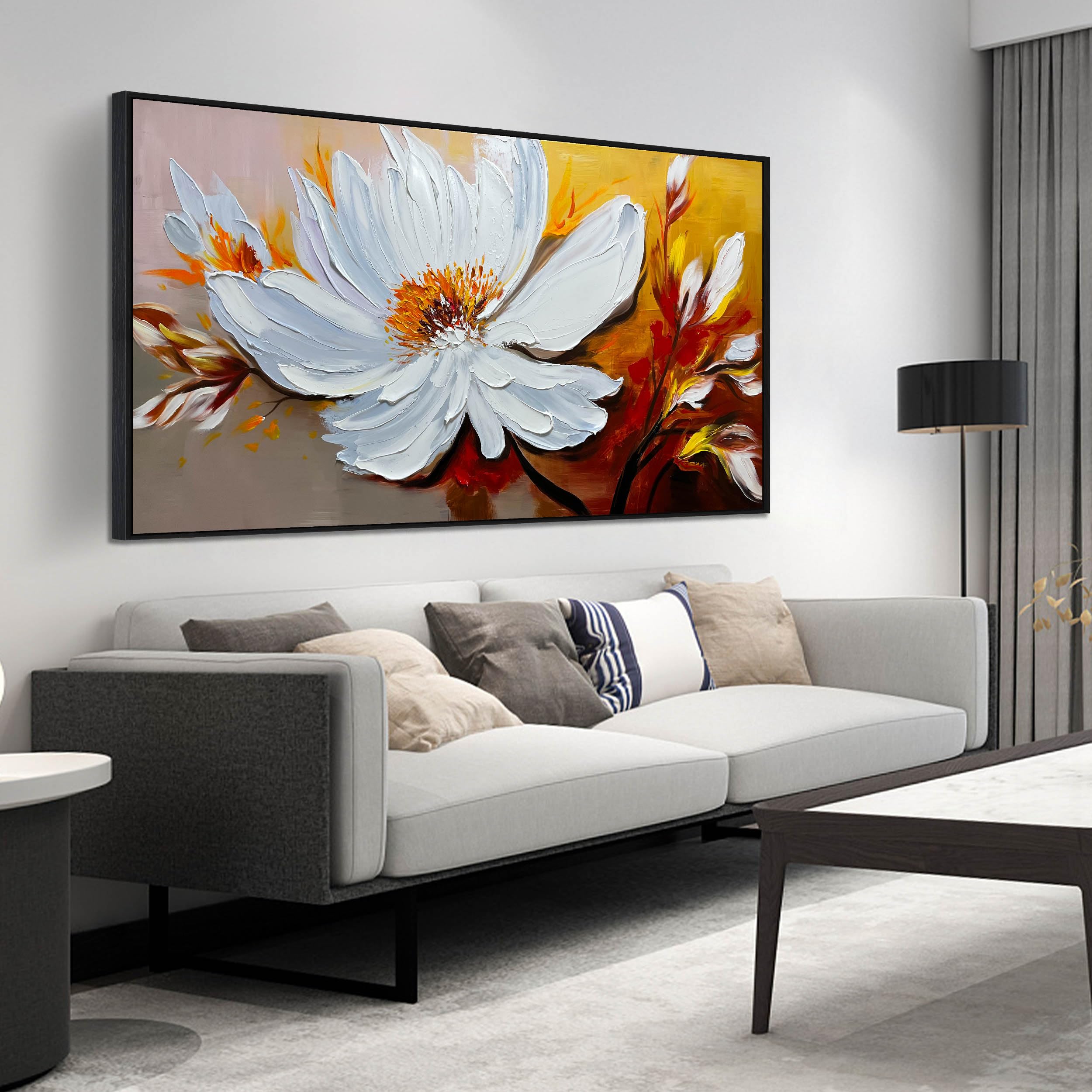 HUBOSKN Hand Painted Flower Painting Wall Art for Bedroom - Abstract Painting Wall Art for Living Room - Big Picture Frames for Wall Size 29" x 59"