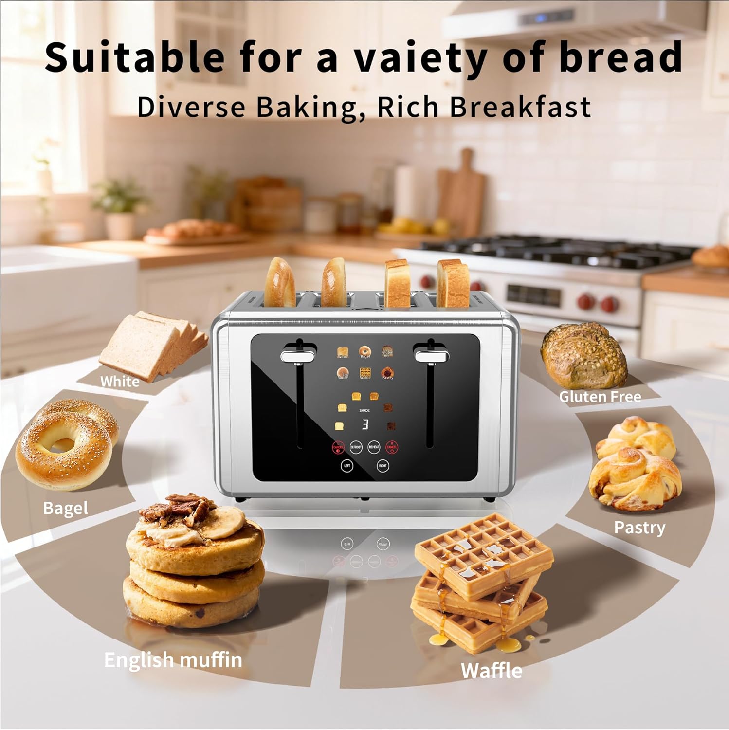 4 Slice Toaster,Touchscreen & Dual Independent Control Panel,5 Basic Functions & Digital Countdown Toasters,6 Shade Settings＆6 Bread Types,Smart Bread Maker Mute/Screen-Off, Stainless Steel