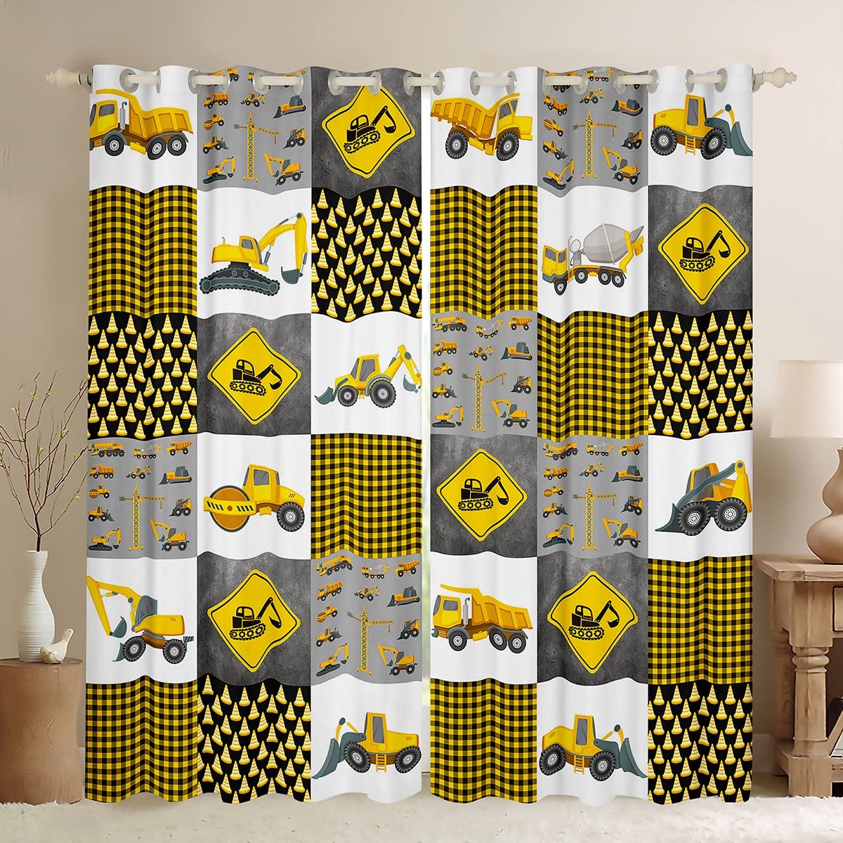 Loussiesd Excavator Curtain for Bedroom Construction Vehicles Darkening Drapes Kids Cartoon Equipment Trucks Window Curtains Yellow Gray Buffalo Check Plaid Window Treatments W46*L72