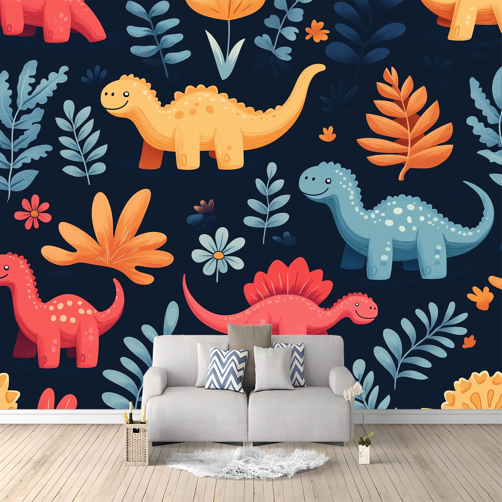 Figurki z kreskówek, dinozaury, rośliny, kwiaty, sztuka, fototapeta, 250 x 175 cm, efekt 3D, obraz ścienny, tapeta ścienna, nowoczesna tapeta ścienna, do salonu, na ścianę, mural, pokój dziecięcy, tło