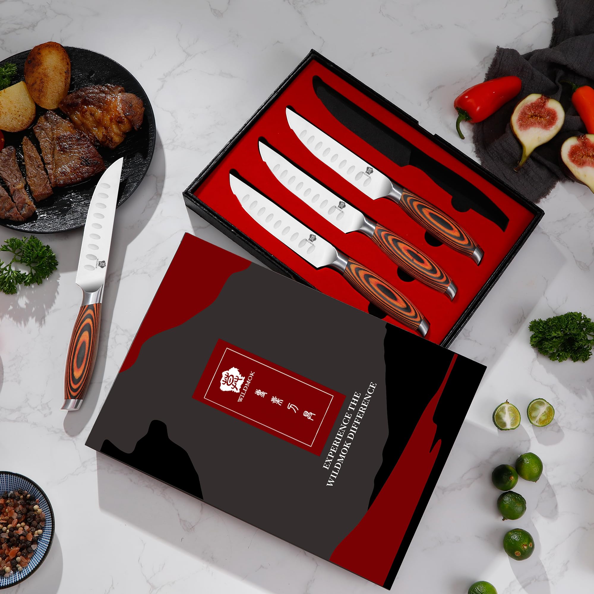 WILDMOK 4-teilig Steakmesserset 12,8cm Klinge aus Deutschem Stahl, Ergonomischer Griff Steakhouse Messerset