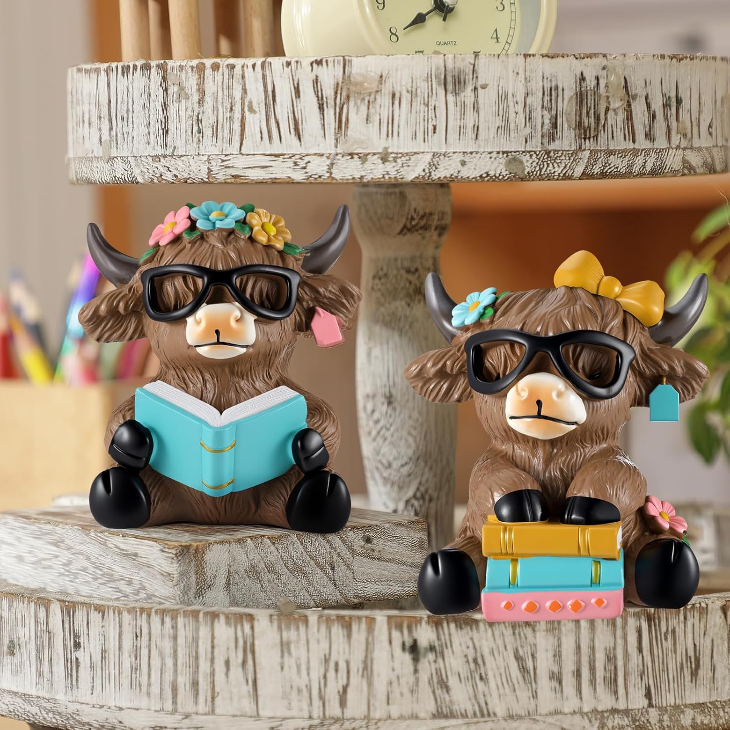 Wesiti 2 Pcs Highland Cow Figurines Spring Sunflower Highland Cow Gnomes Scottish Resin Statue Calf Lovers Gifts for Summer Home Garden Kitchen Office Tiered Tray Table Decor (Reading) - Image 2