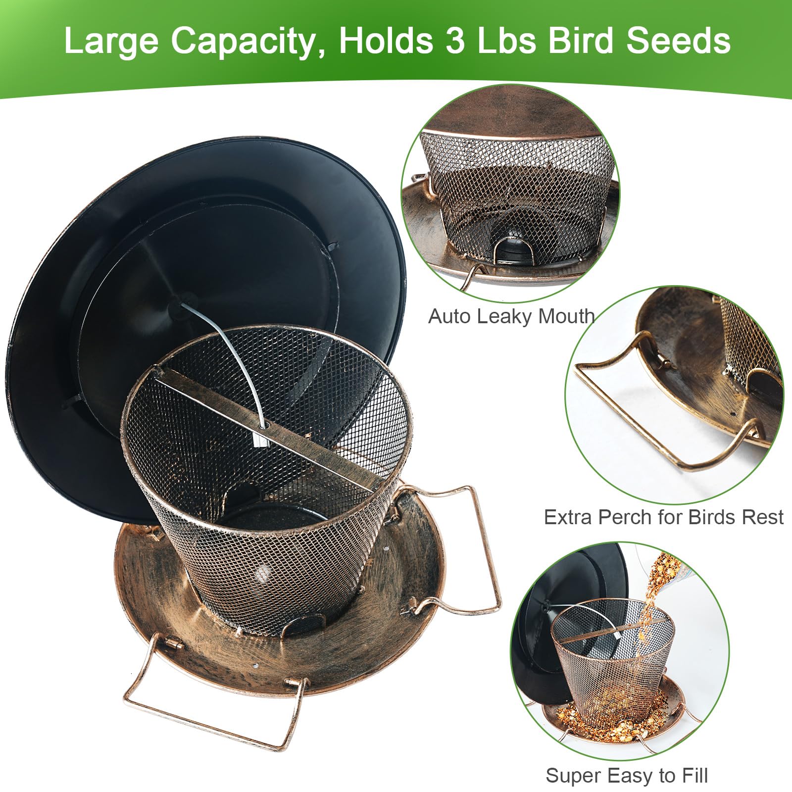Samhe Bird Feeder for Outdoor, Rainproof Weatherproof Metal Hanging Wild Bird Feeder with 9.8" Roof 3 LBs Seeds Capacity, Easy to Clean & Refill - image 4