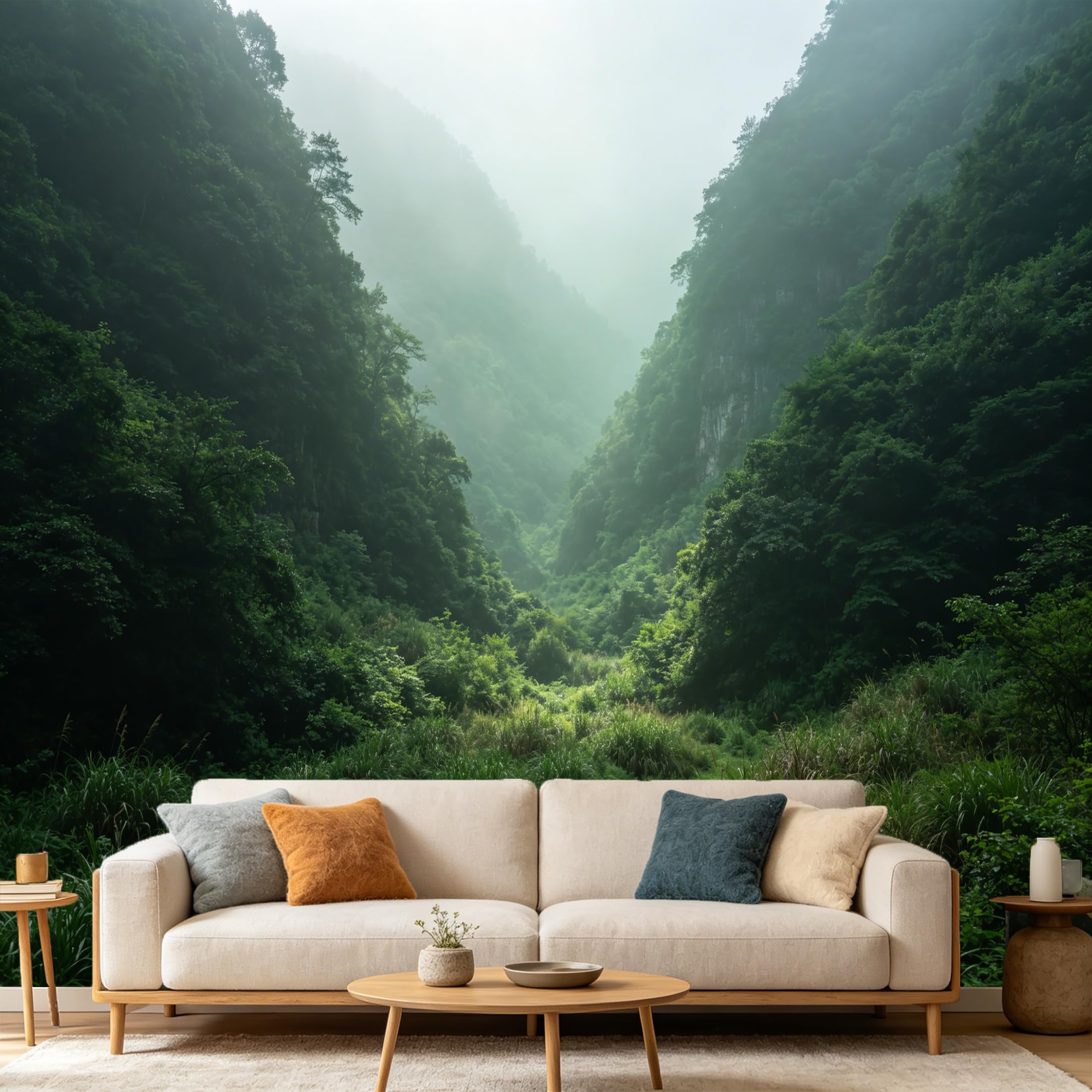 Custom Size Wall Mural Misty Mountain Forest Landscape Green Nature Scenery Botanical View SelfAdhesive Art Prints wall Fabric（No PVC） Removable Wallpaper Home Bedroom Decor