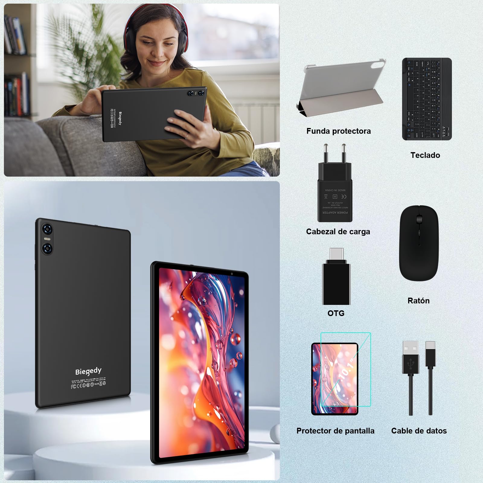 Tablet 10 Pulgadas Android, 20GB RAM + 128GB ROM (TF 1TB), Octa-Core, Widevine L1,GMS/Dual Band WiFi 6/5 MP + 8 MP / 1280 * 800 Pixels/Bluetooth 5.0, Tablet con Funda Negro — view 7