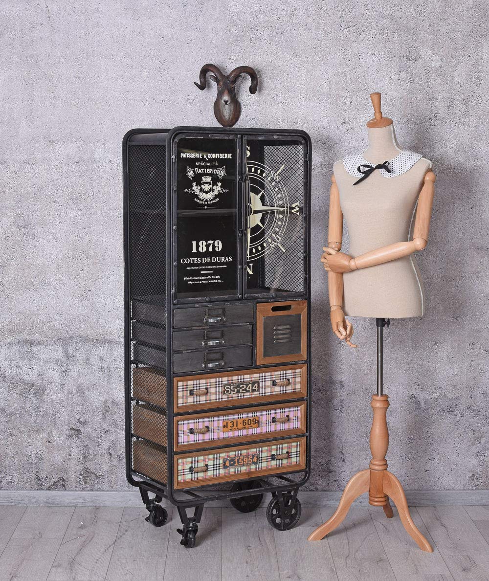 PALAZZO INT Szafka z witryny w stylu vintage "New Jersey Loft" – przemysłowa szafka z drewna i metalu, z 7 szufladami i szklanymi drzwiami, patchwork, styl na kółkach, styl loftowy, styl fabryczny