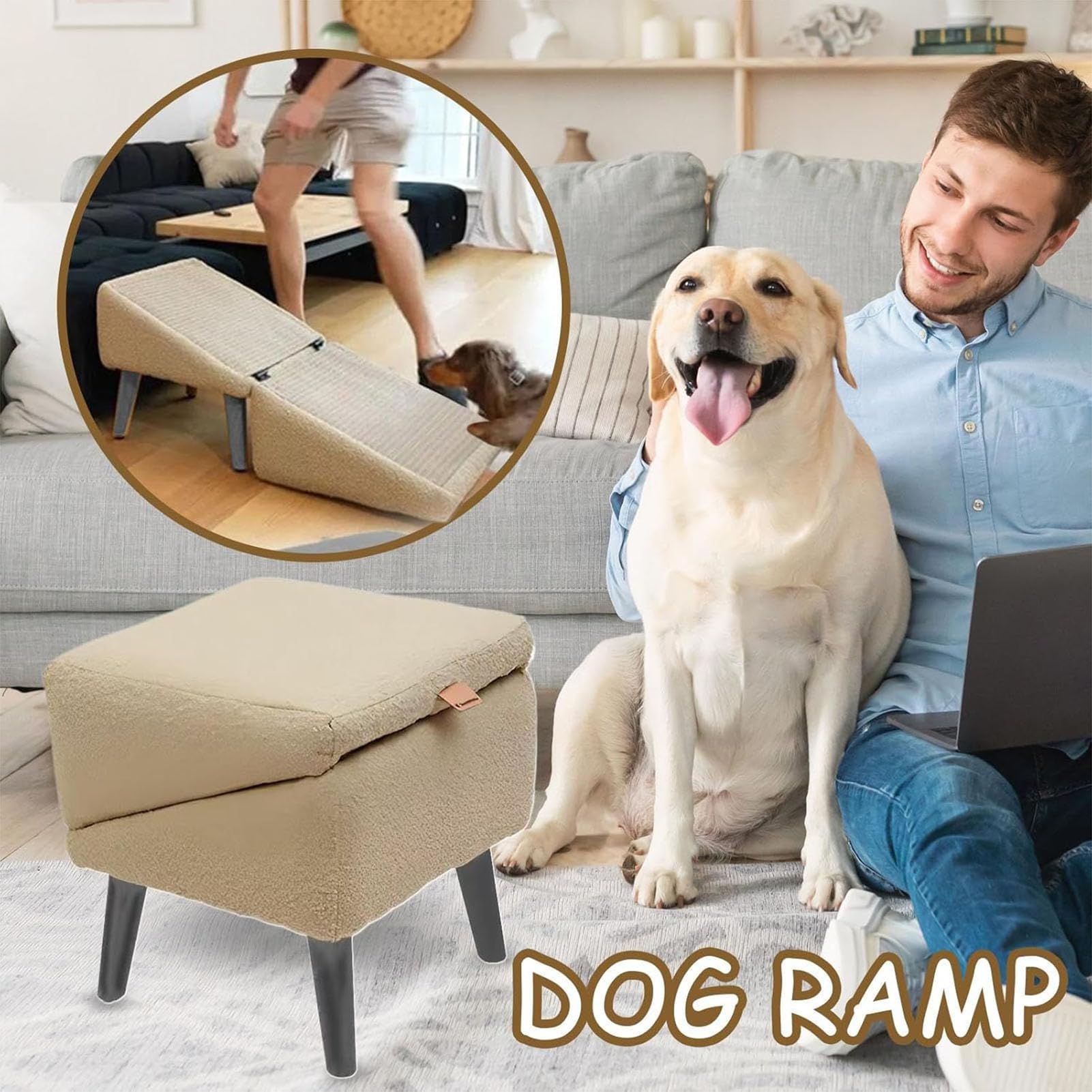 Rampa Multifunzionale e Sgabello per Auto; rampa per Cani a Livelli divisi per Uso Domestico; Scale Pieghevoli in Legno Antiscivolo per Animali,Khaki (a),30 x 20 x 30 cm