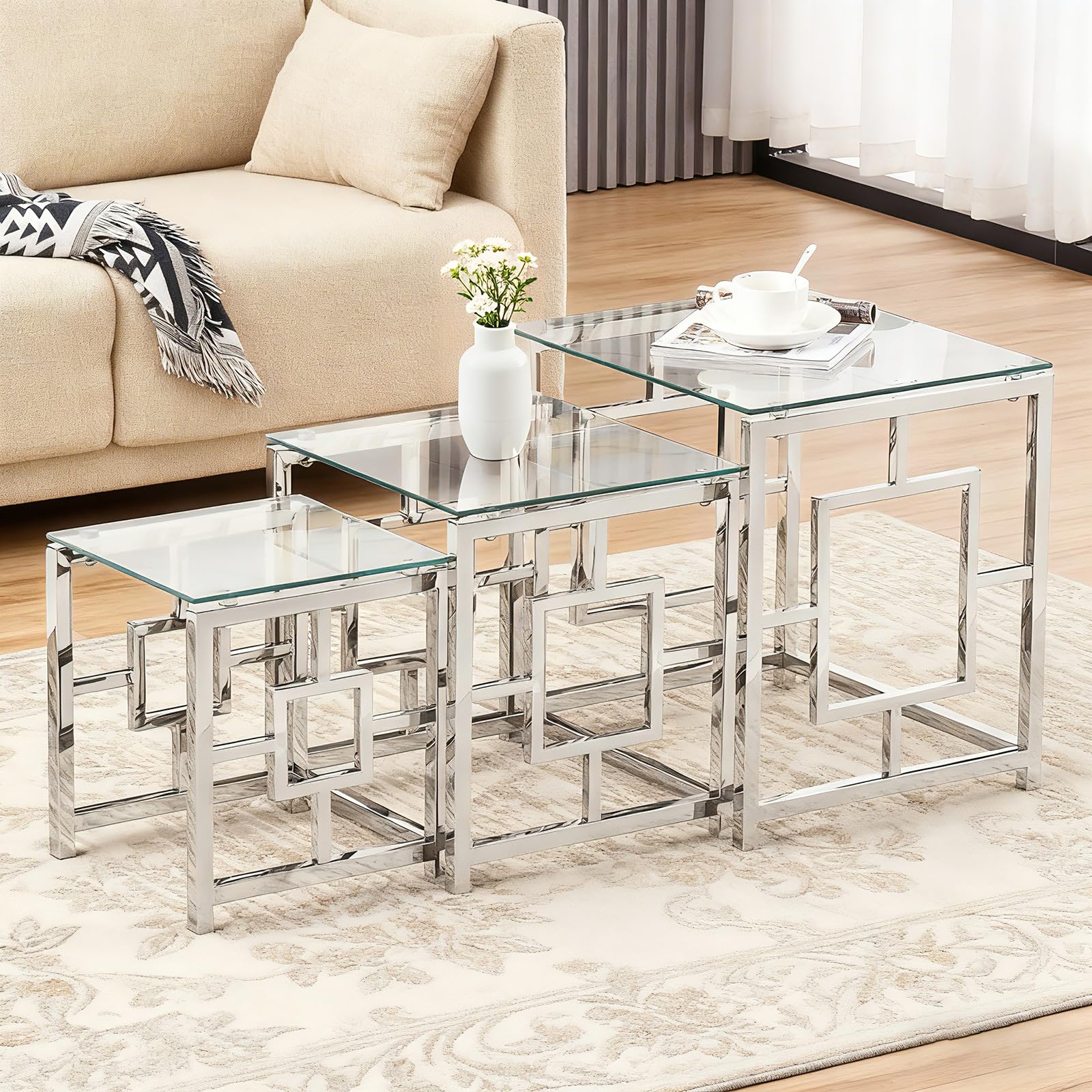 JaHECOME Set of 3 Sliver Glass Coffee Table Living Room Nesting Tables Square Clear Tempered Glass Stainless Steel Side Sofa End Center Table(Square Style)