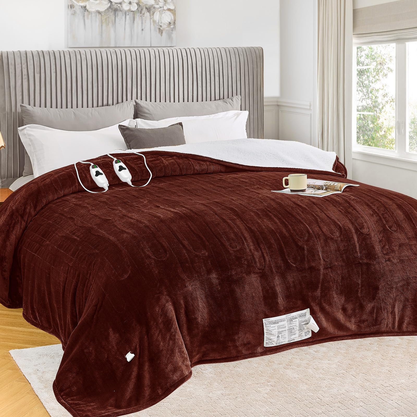 greenoak Heated Blanket Electric King Size 100"X90" Dual Control, Heating Blankets with 10 Levels 8 Hours Auto-Off Overheat Protection, Soft Flannel Sherpa Fluffy House Warming GIF, ETL Mocha
