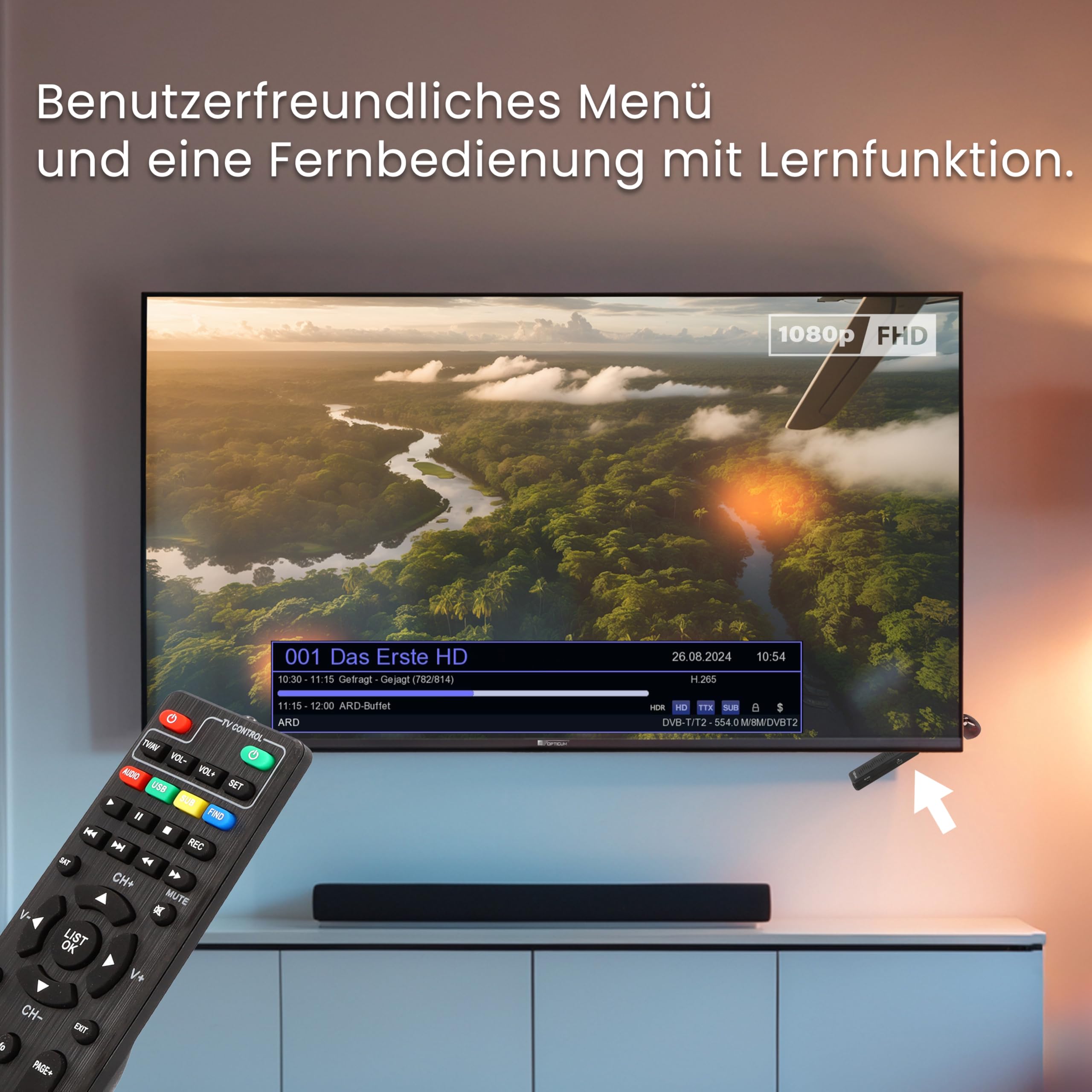 RED OPTICUM T-Box Mini DVB-T2/C Digital Full HD Receiver, H.265 HEVC, HDMI, USB 2.0, Schwarz, mit Fernbedienung, IR-Sensor, EPG, Teletext, PVR-Funktion, 115x37x17mm