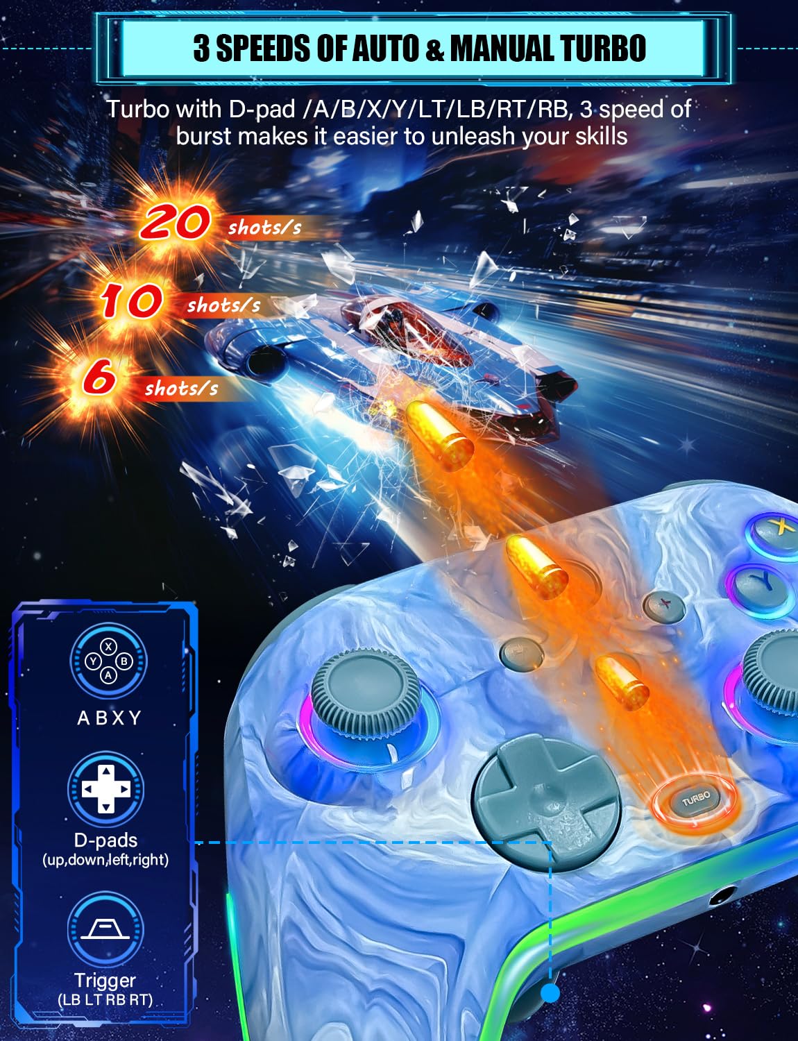 RJAD Controller di commutazione wireless per Nintendo Switch/Lite/OLED/Switch 2, controller Pro da 1200 mAh, interruttore LED a 10 colori che si illuminano, interruttore turbo remoto con turbo