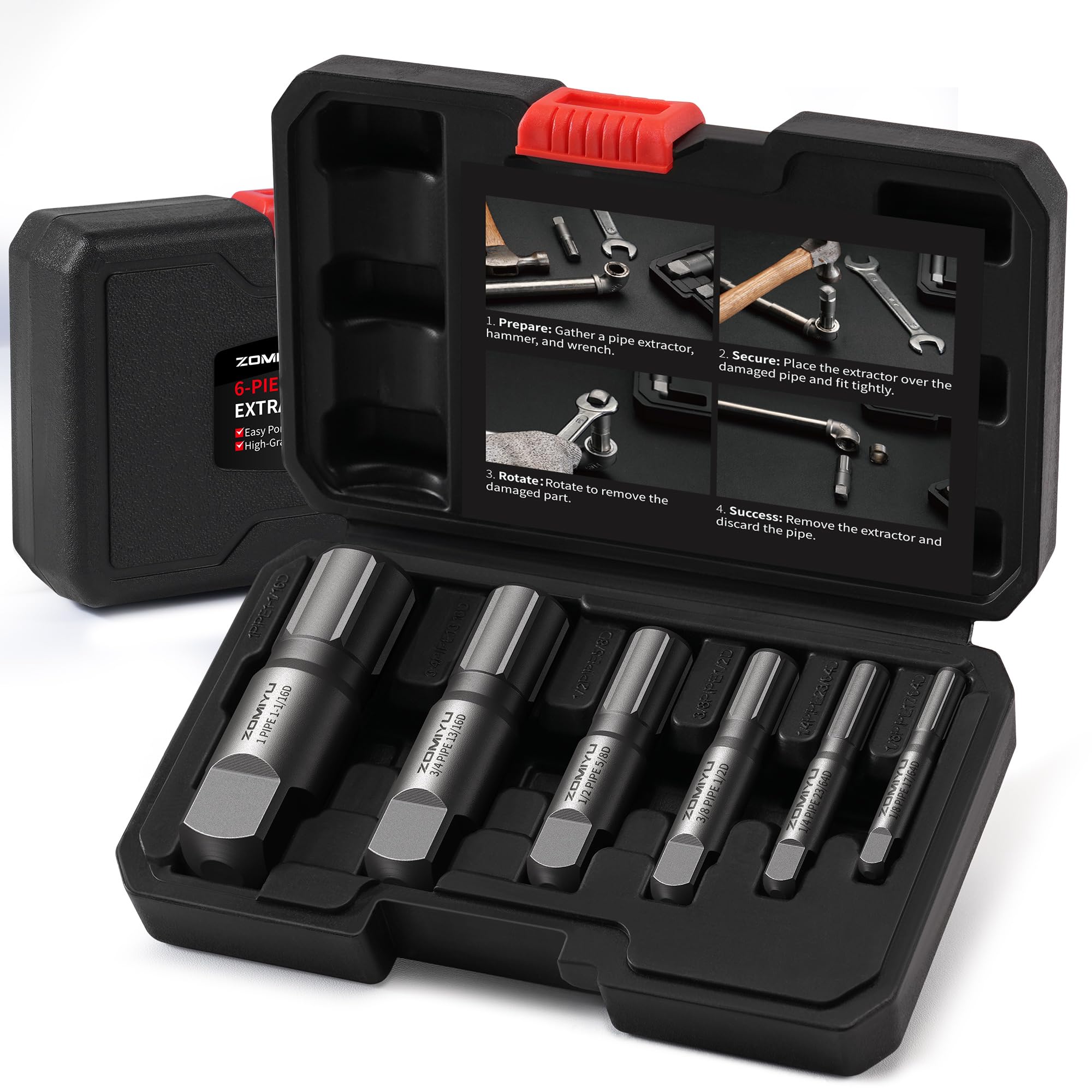 Nipple Extractor Tool, Broken Pipe Extractor Tool for 1/8" to 1" | 6-Piece Heavy Duty for Removing Damaged Threaded Pipes, Threaded Nipple Extractor, For Plumbers/DIY, Steel, Durable Case