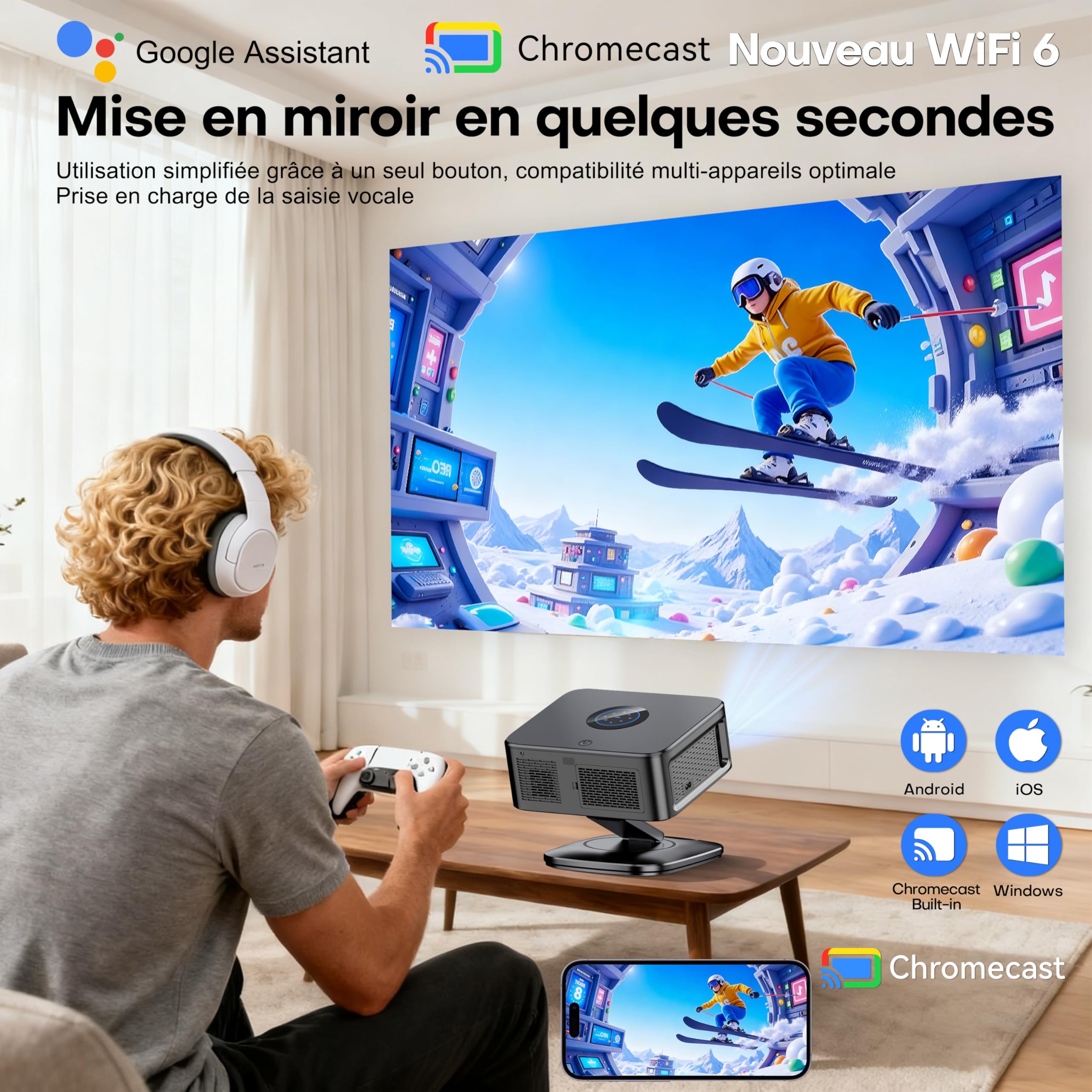 Vidéoprojecteur 4K Supporté 1500 ANSI 38000 Lumen avec Google TV Officiel, Netflix Youtube, Auto Focus, WiFi 6 Bluetooth 5.3, Contrôle Vocal, Rotatif 360°, Home Cinéma Salon et Chambre