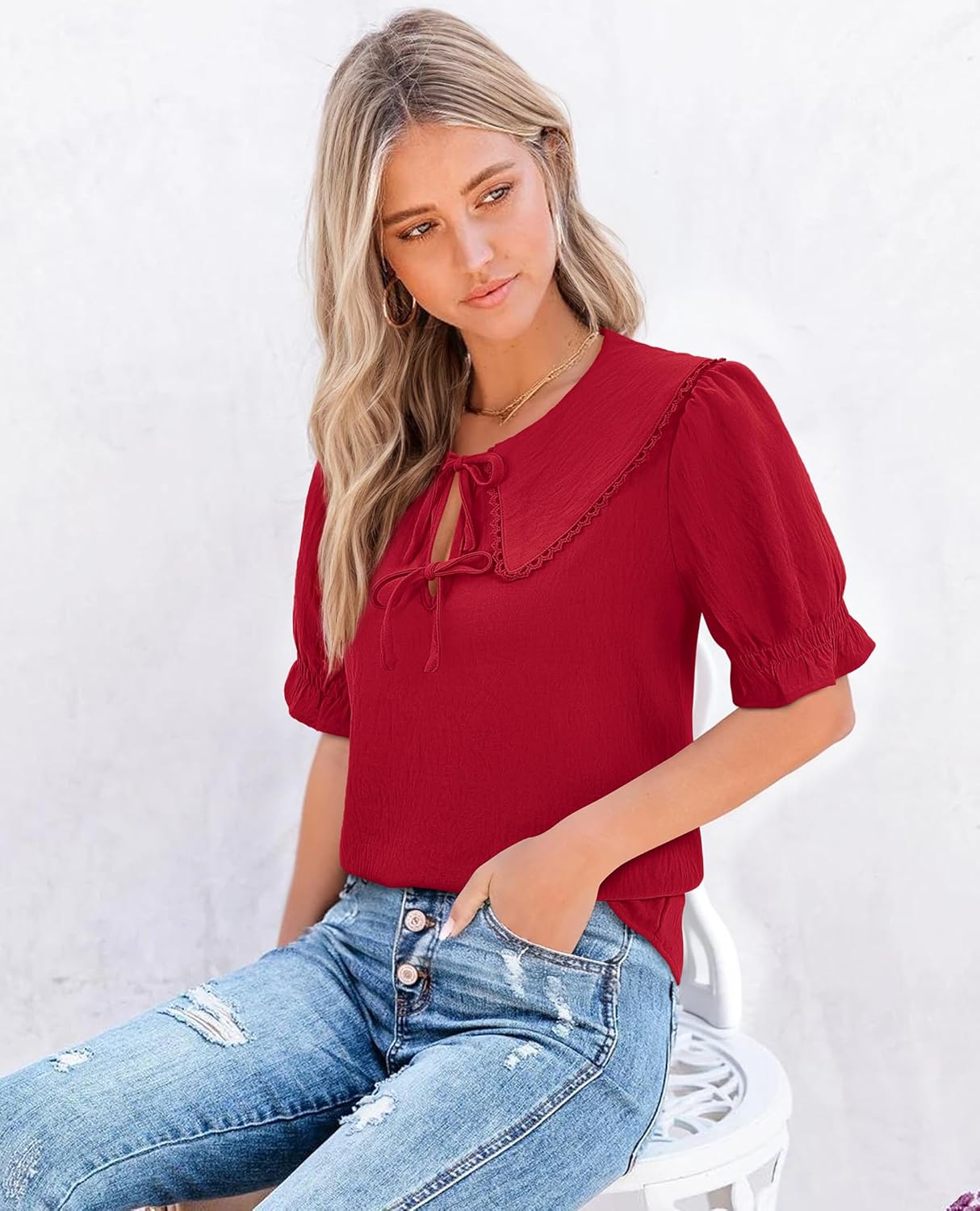 siliteelon Women's Short Puff Sleeve Ruffle Tops Bow Tie Front Shirts Peter Pan Collar 2026 Summer Cute Dressy Casual Blouses - Image 4