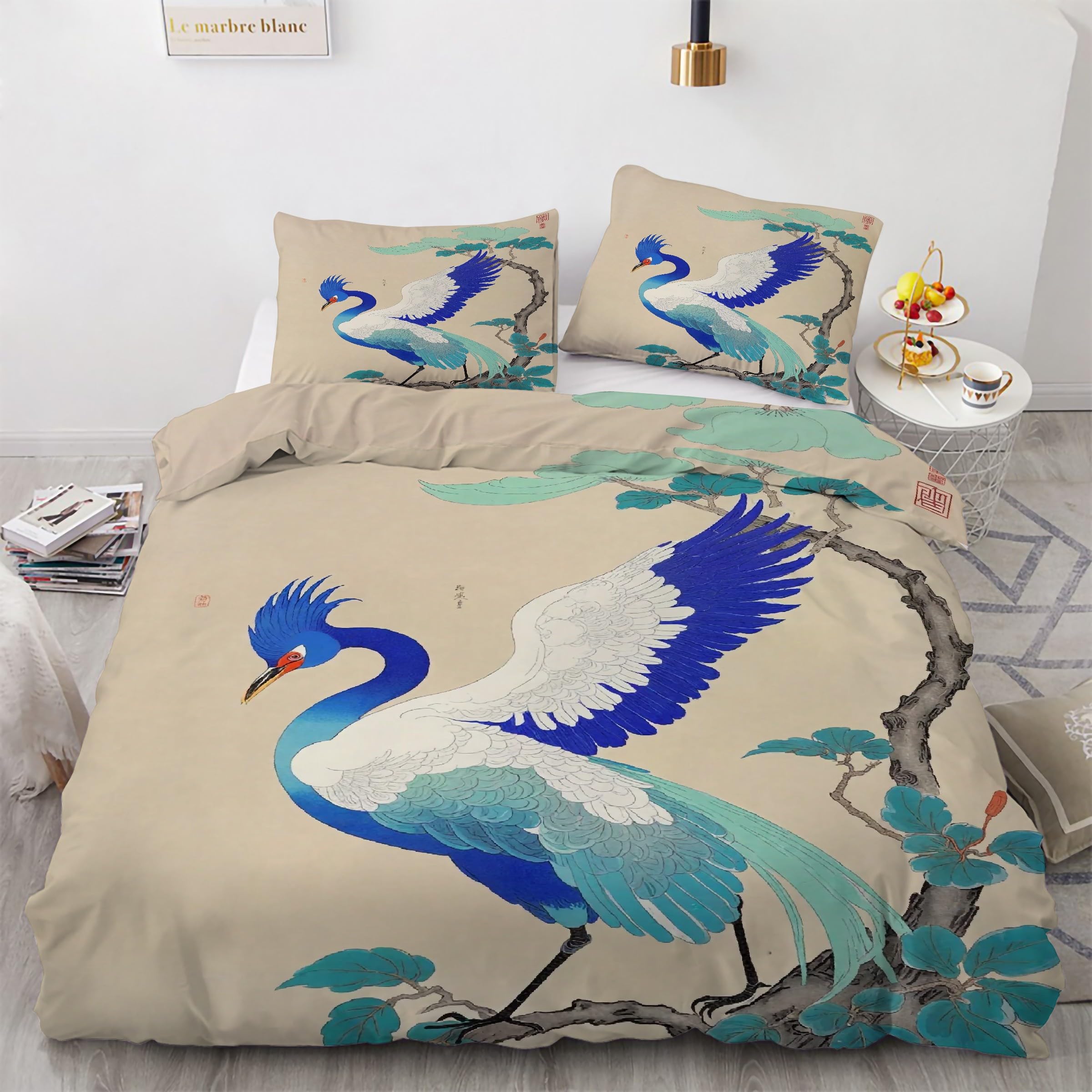 Housse de couette 200x200 paon parure de lit oiseau bleu 3 pièces microfibre