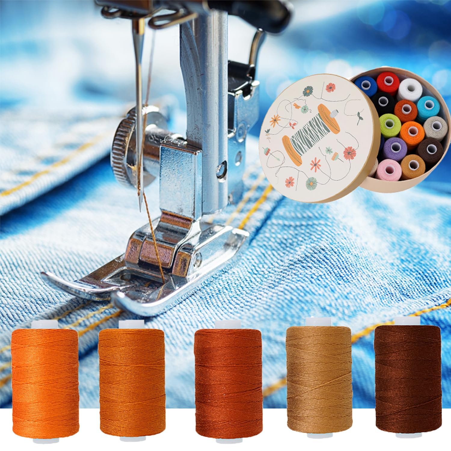 Hilo de coser para jeans de 19 colores, 20S/3, hilo extra fuerte para mezclilla, lona, carrete de 300 m, hilos de alta resistencia para jeans, hilo multiusos 100% poliéster