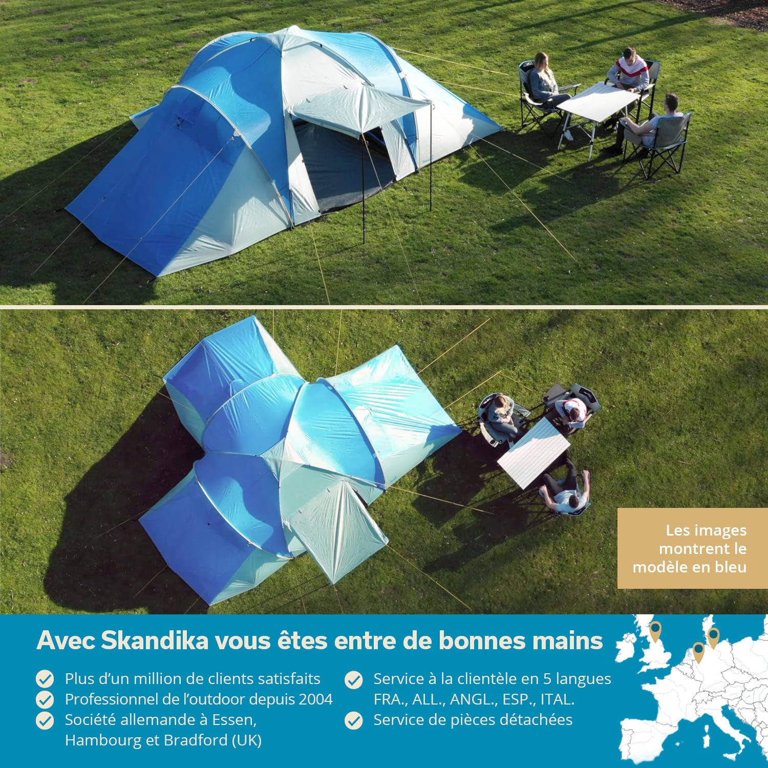 skandika Daytona XXL - Tente familiale dôme 6 Personnes - 570 x 390 cm - Colonne d'eau 3000 mm |Tente familiale avec 3 Grandes cabines de Couchage