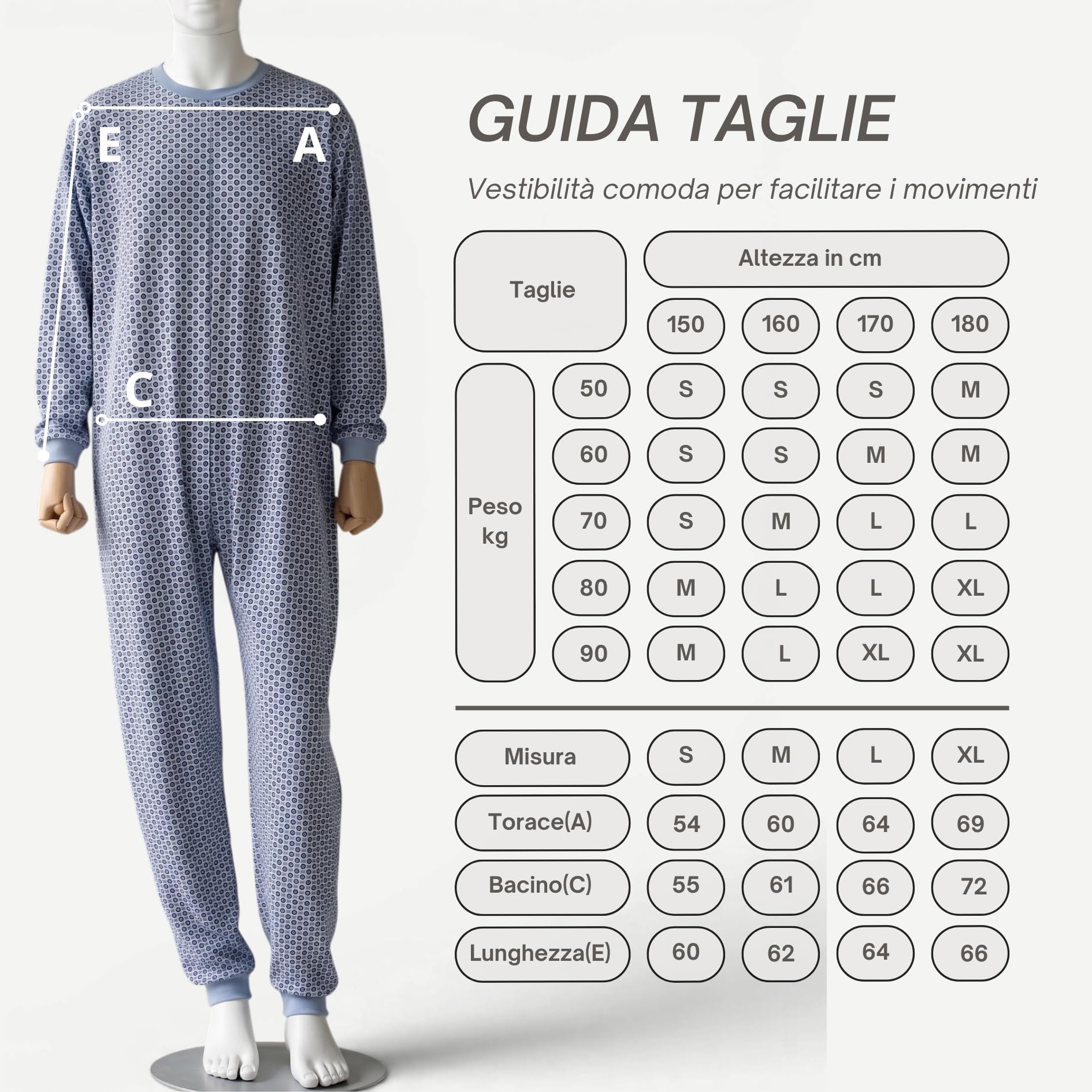 Pyjama intégral médical unisexe – Grenouillère adulte coton 100% – Pyjama dos zip seniors – Vêtements gériatriques confortables Made in Italy