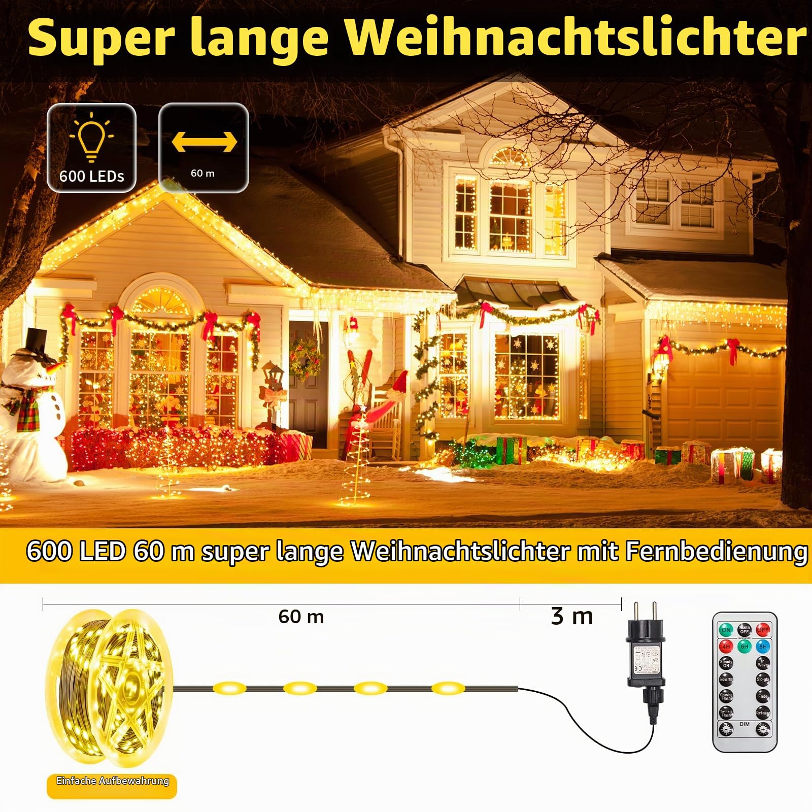 LED Lichterkette Außen 60M 600 LED Warm weiß, Timer & Fernbedienung | 8 Lichtmodi, 4 Helligkeitsstufen und 3 Timerfunktionen – ideal für Weihnachten, Hochzeiten,Partys, Garten & Balkon