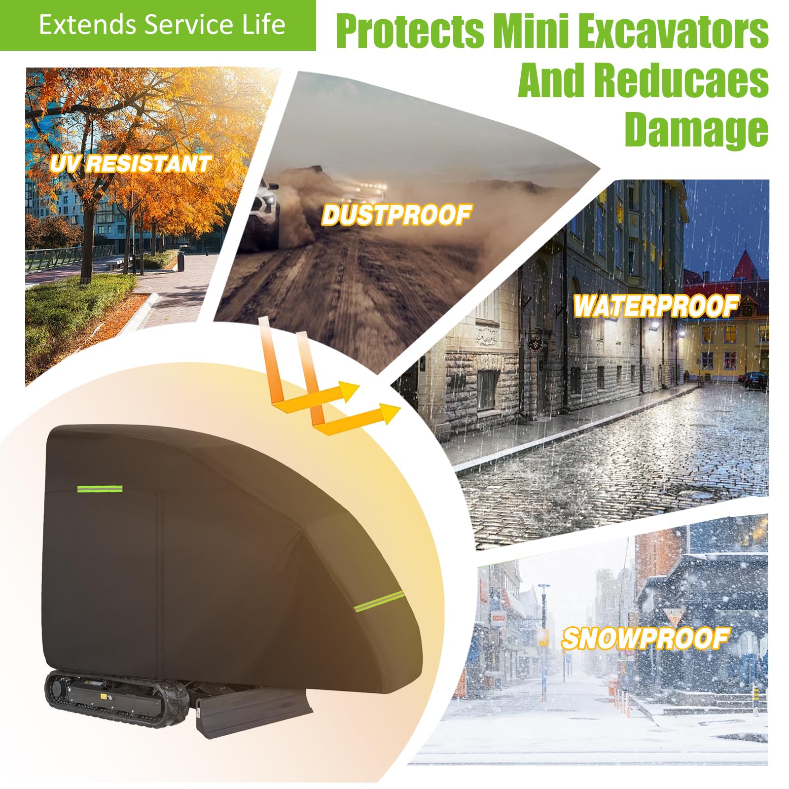 Cubierta para excavadora, 420D impermeable, cubierta protectora completa para mini excavadoras de 800 a 1600 kg, lona para excavadora con cremallera, tira reflectante y dobladillo elástico, protección