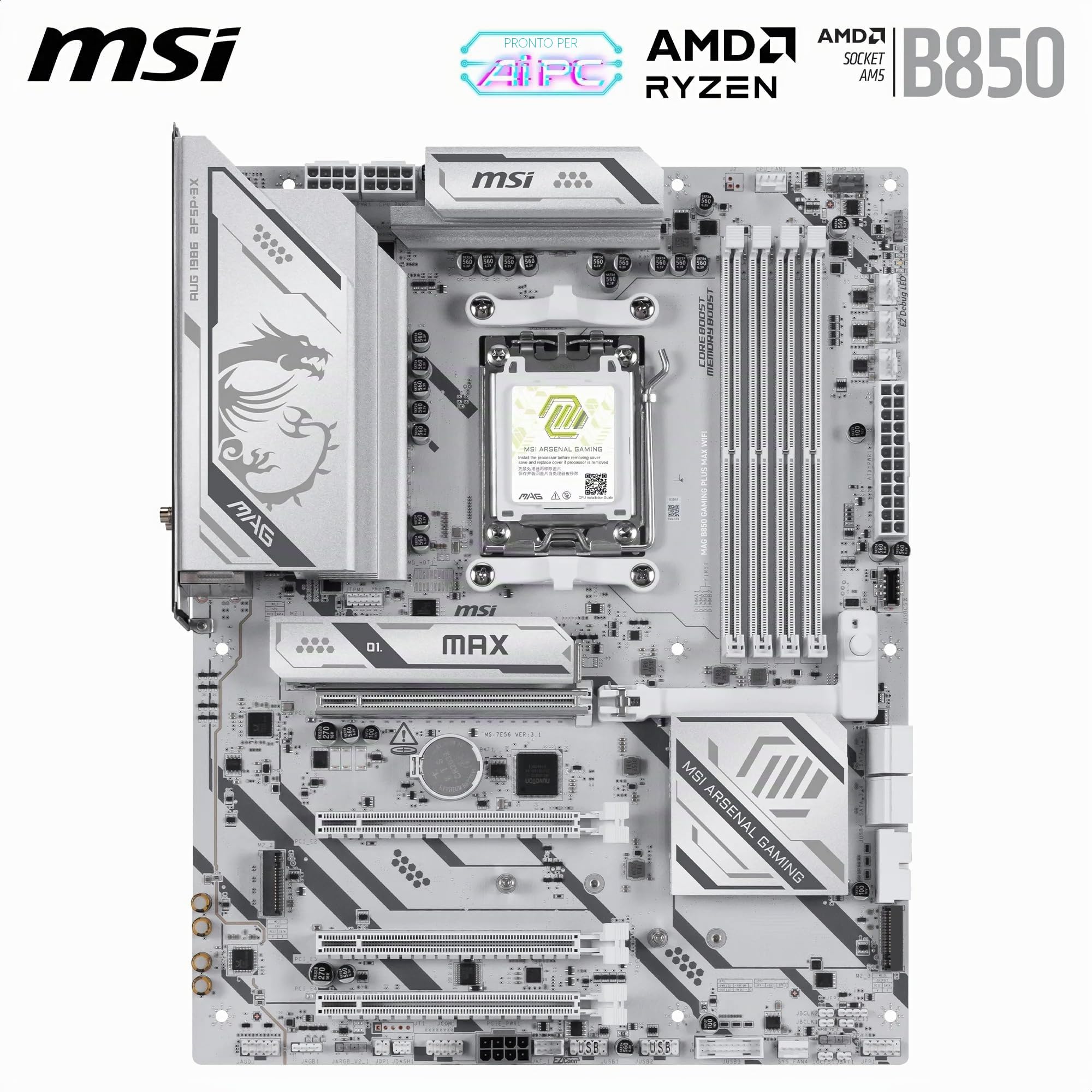 MSI MAG B850 Gaming Plus Max WiFi Scheda madre ATX, per processori AMD Ryzen 9000/8000/7000, socket AM5 – DDR5 Memory Boost (overclock fino a 8200+ MT/s), PCIe 5.0 x16, M.2 Gen5, Wi-Fi 7, LAN 5G