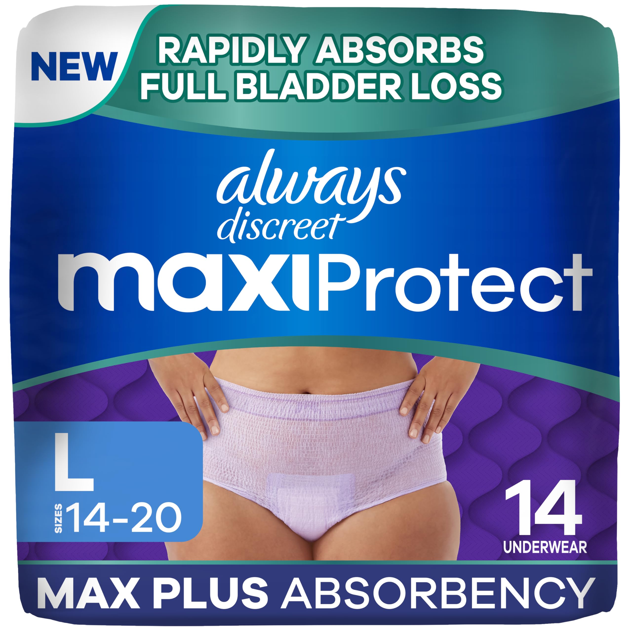always discreet maxiprotect adult diapers for women, incontinence underwear, scented, postpartum essentials, bladder leak protection, disposable briefs, maximum plus absorbency, size l, 14 count