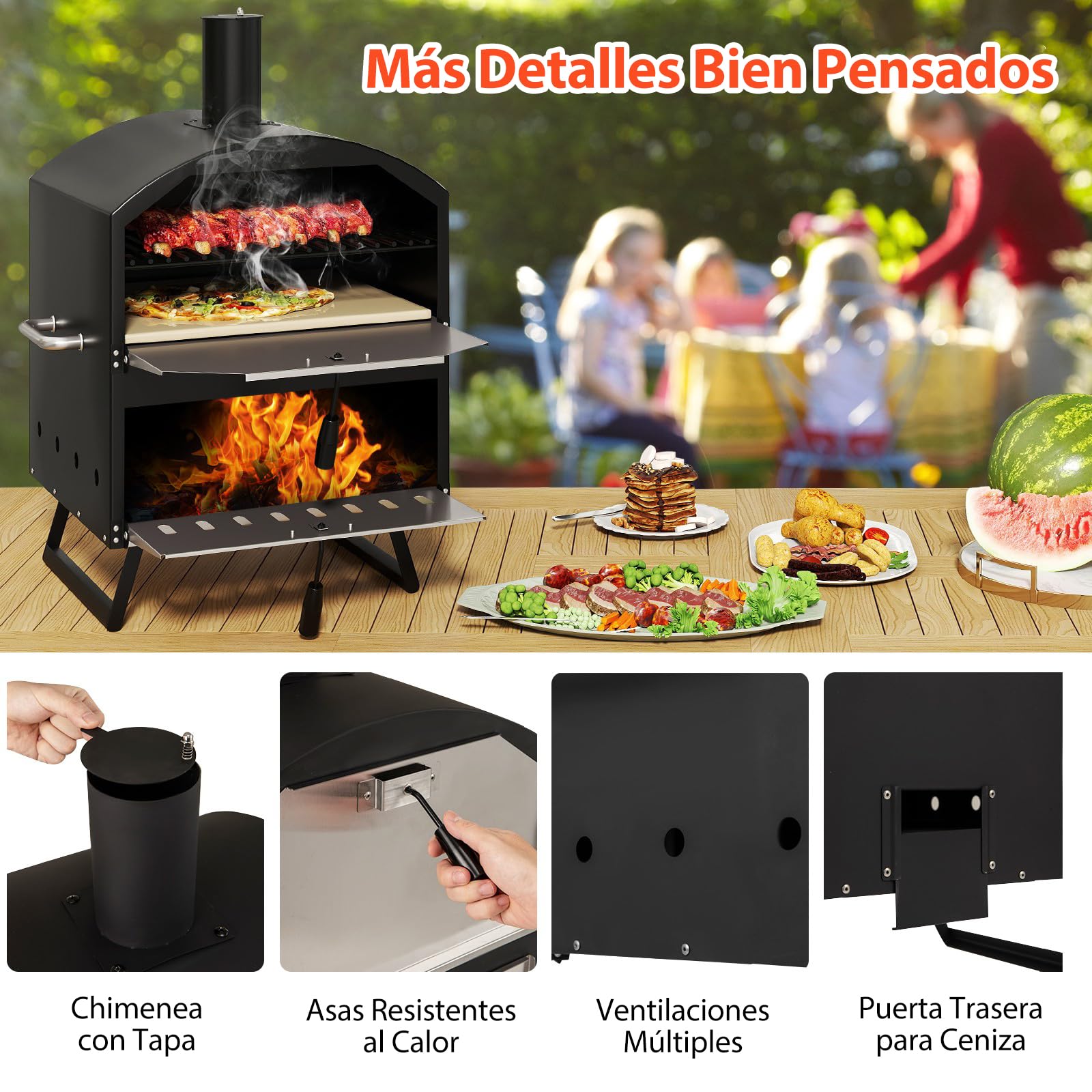 GOPLUS Horno de Pizza 16 Pulgadas Exterior, Horno de Pizza de Leña de 2 Capas con Piedra, Pala y Rejillas para Parrilla, Portátil con Patas Plegables y Cubierta, para Camping, BBQ, 61 x 53 x 83 cm