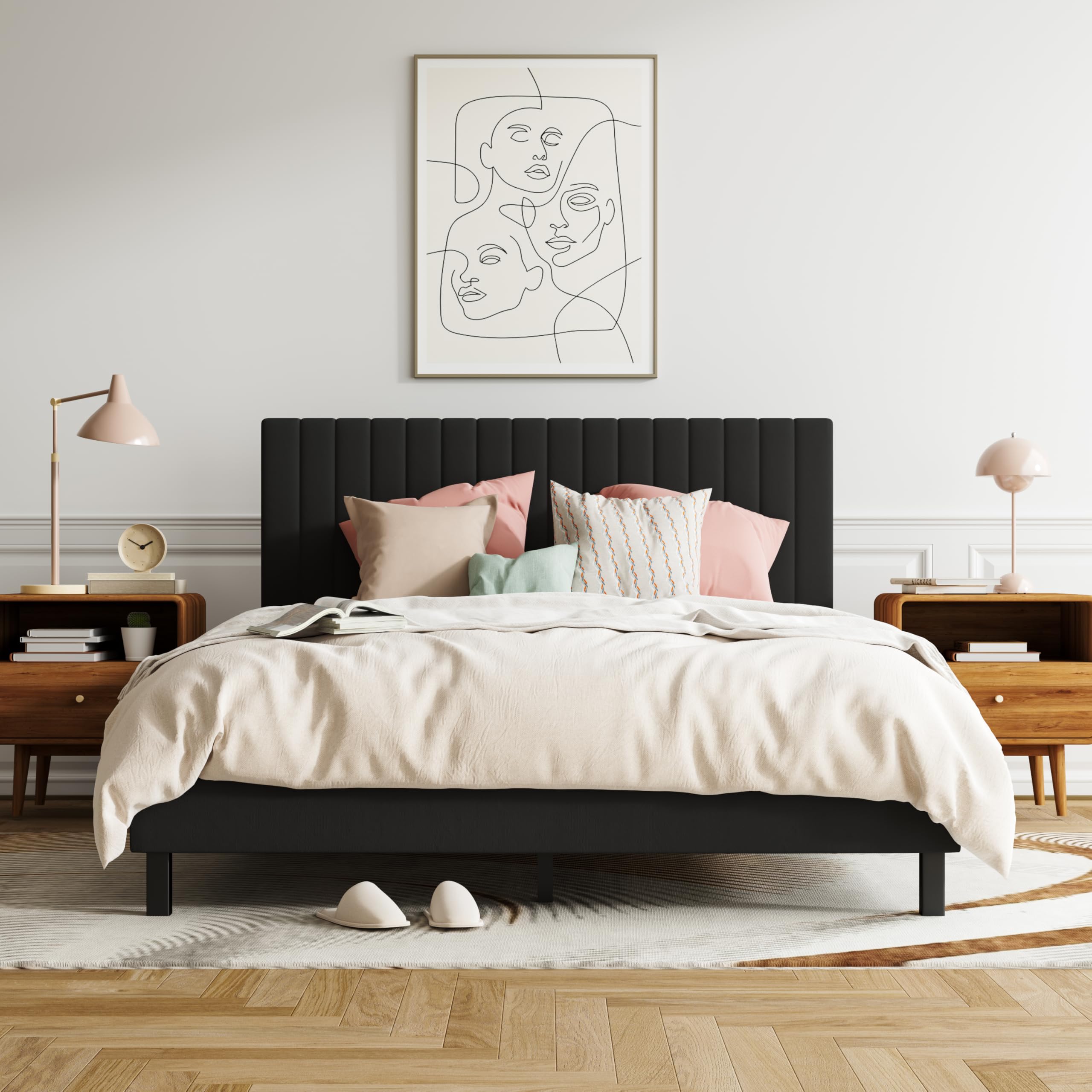 XINBEDEU Bed Frame, Upholstered Platform Bed with Adjustable Velvet Headboard, Sturdy Wooden Slats, Silent Design, No Spring Mattress Required, Easy Assembly (Black, Double 141 x 195)