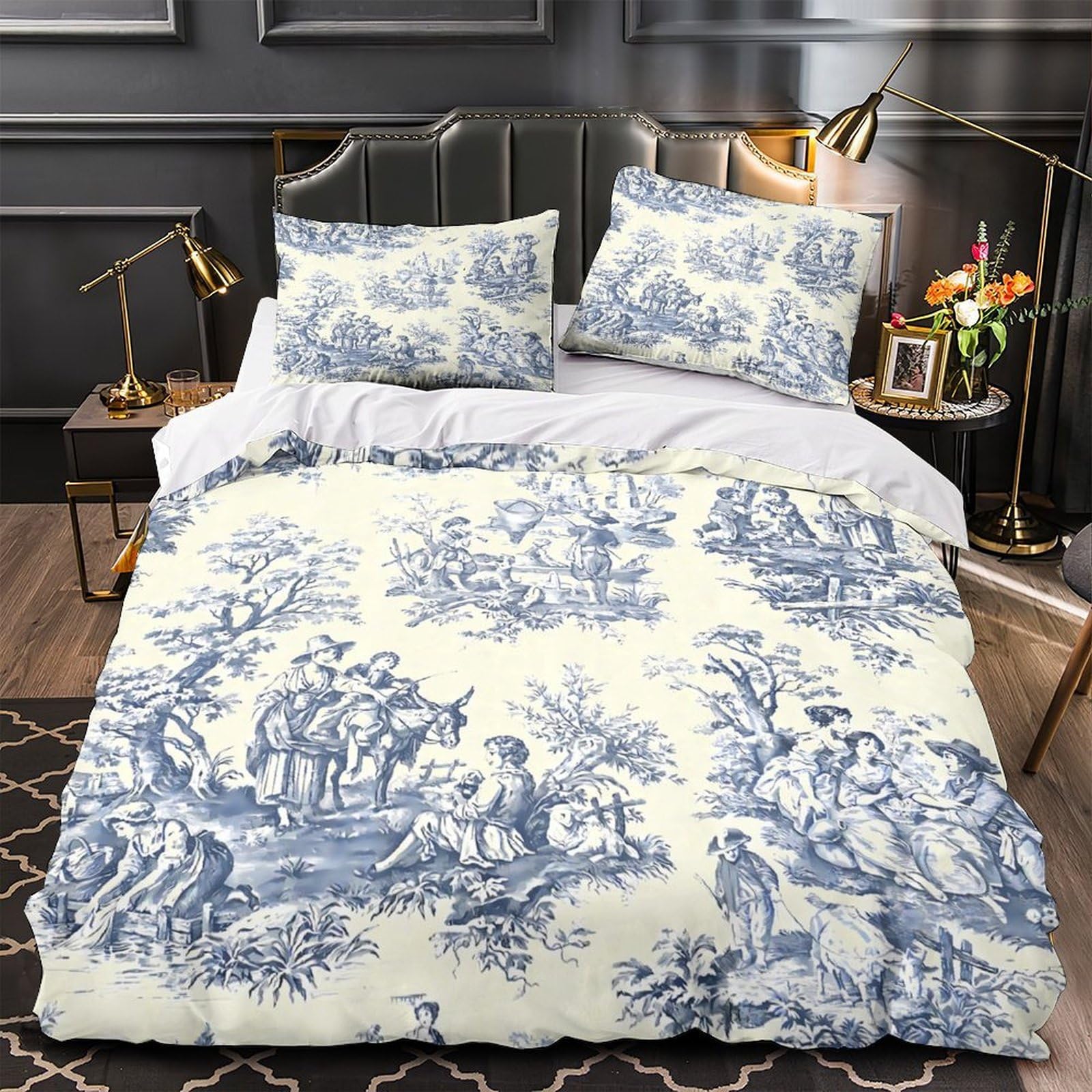Housse de couette Toile de Jouy 140x200 drap microfibre 3 pièces lit simple