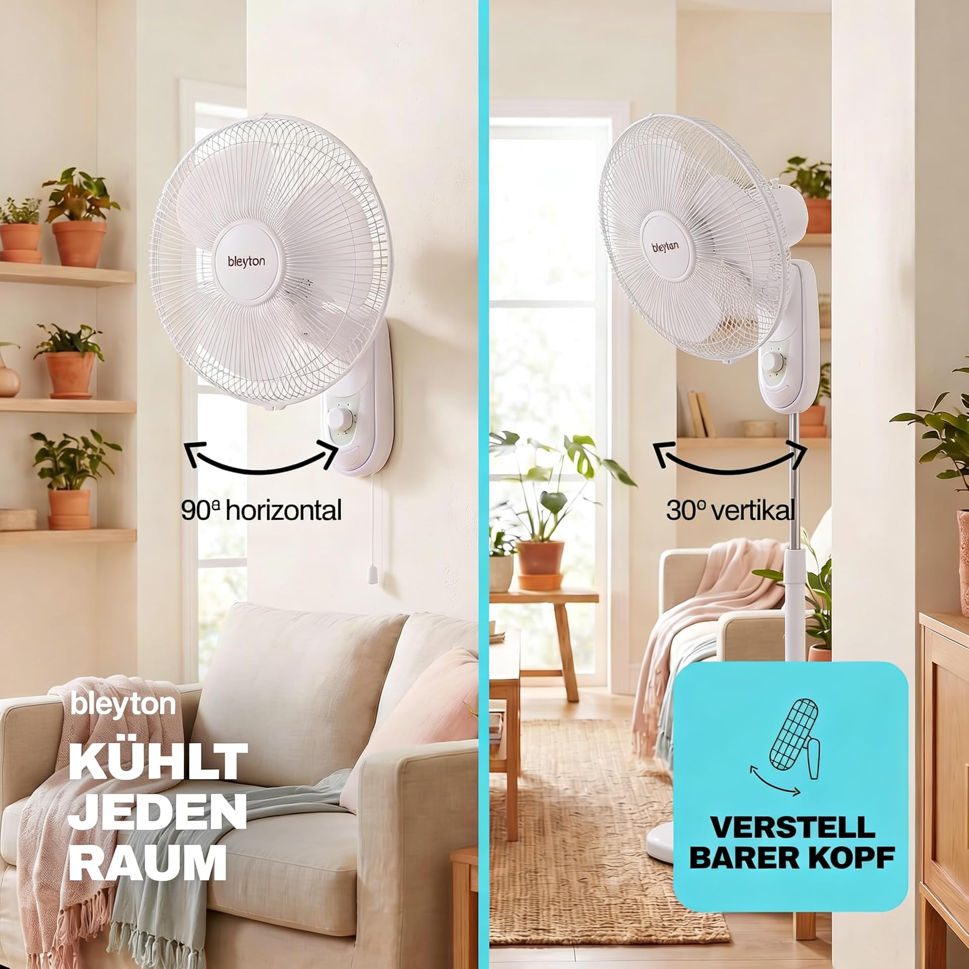 GROWMANIA Leiser Ventilator | Standventilator, Tischventilator und Wandventilator | 3 leise Geschwindigkeitsstufen | Leistungsstark mit 40 W
