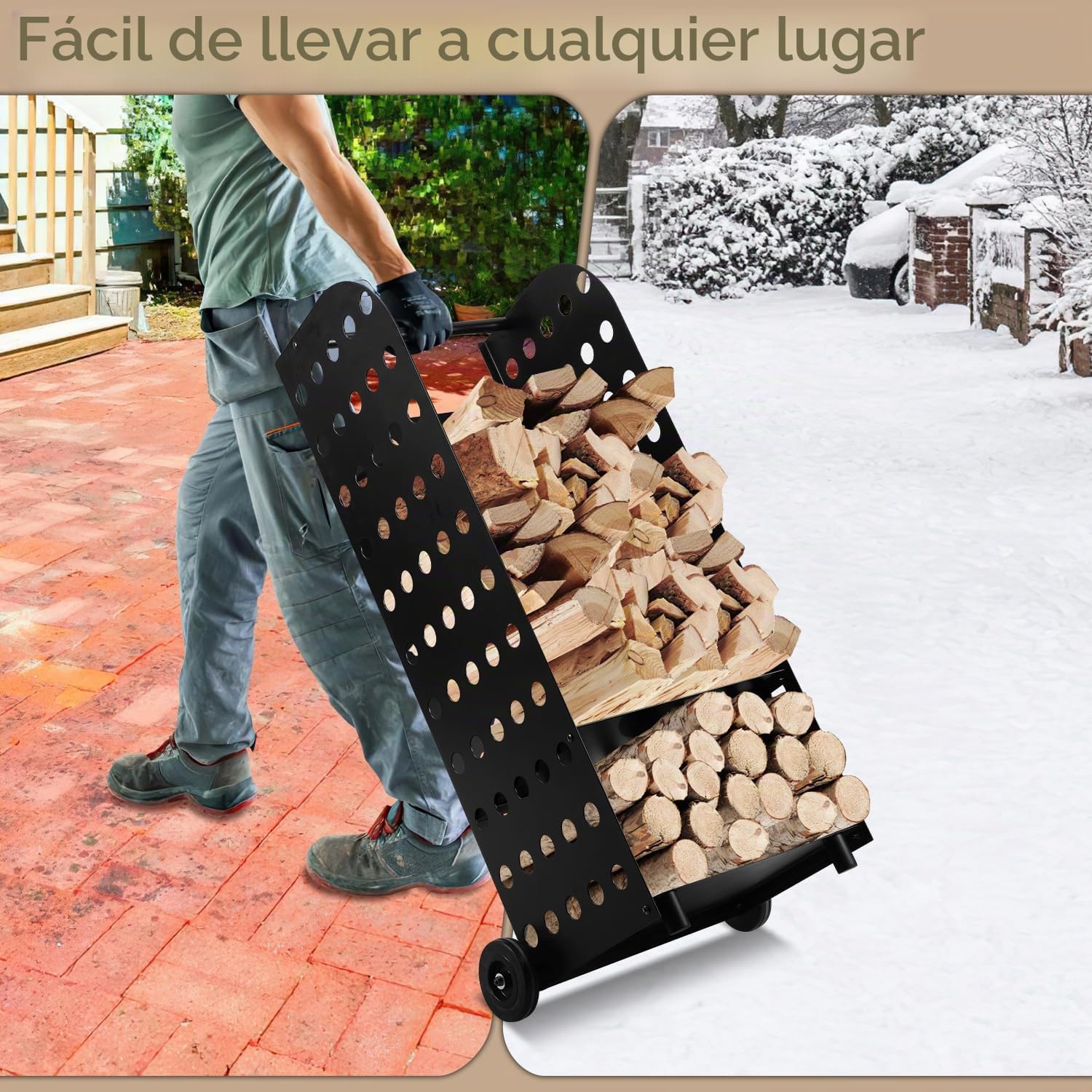 Carro para troncos (42 x 35 x 112 cm, acero pulverizado negro, transporte de madera 60 kg, 2 ruedas de goma