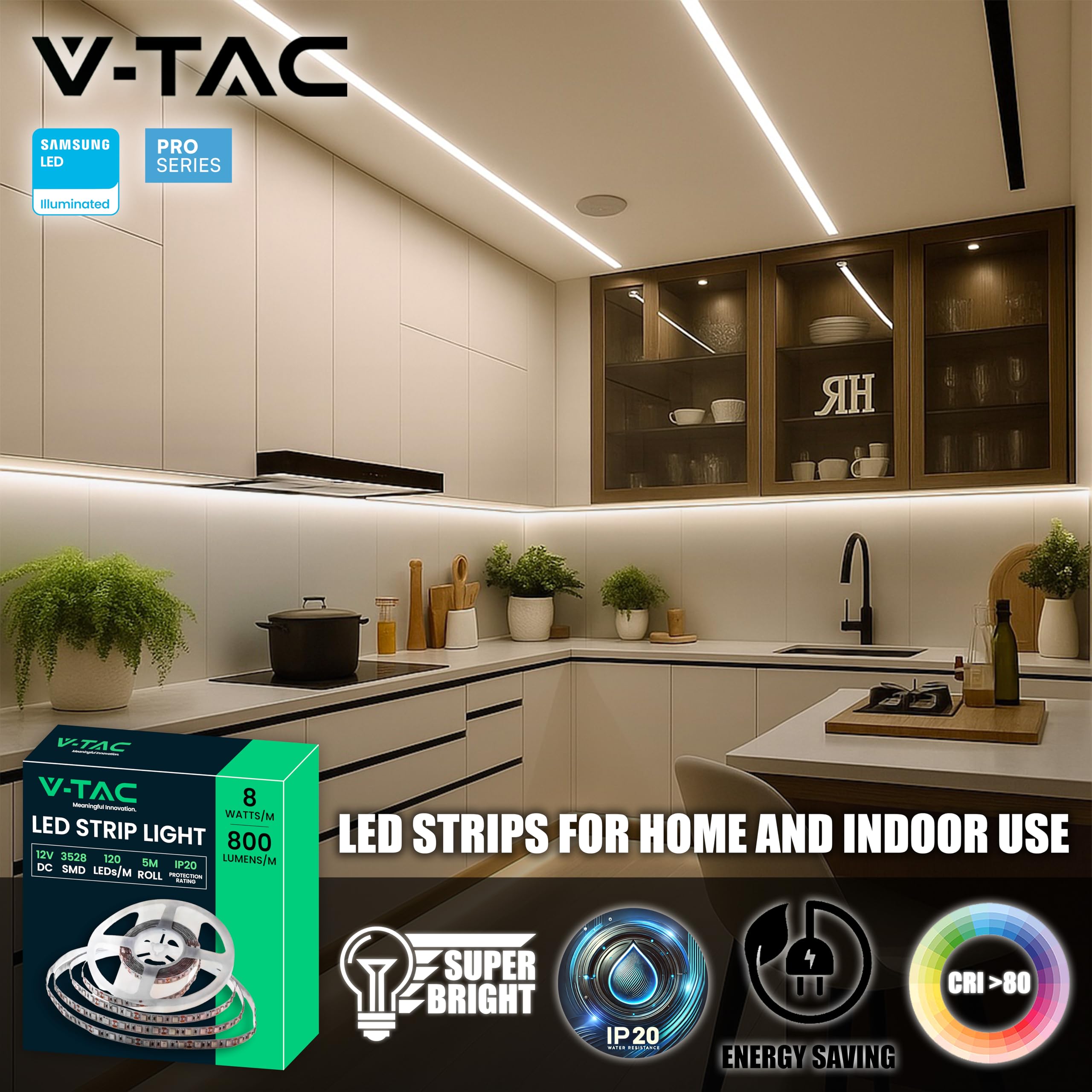 V-TAC Striscia Led da Interno SMD 3528 8W - 5 Metri - Strisce LED Adesiva per Casa, Cucina, Camera, Ambienti Interni - Nastro LED Luminoso 800 Lumen - Alimentata 12V - Luce Bianco Freddo 6500K
