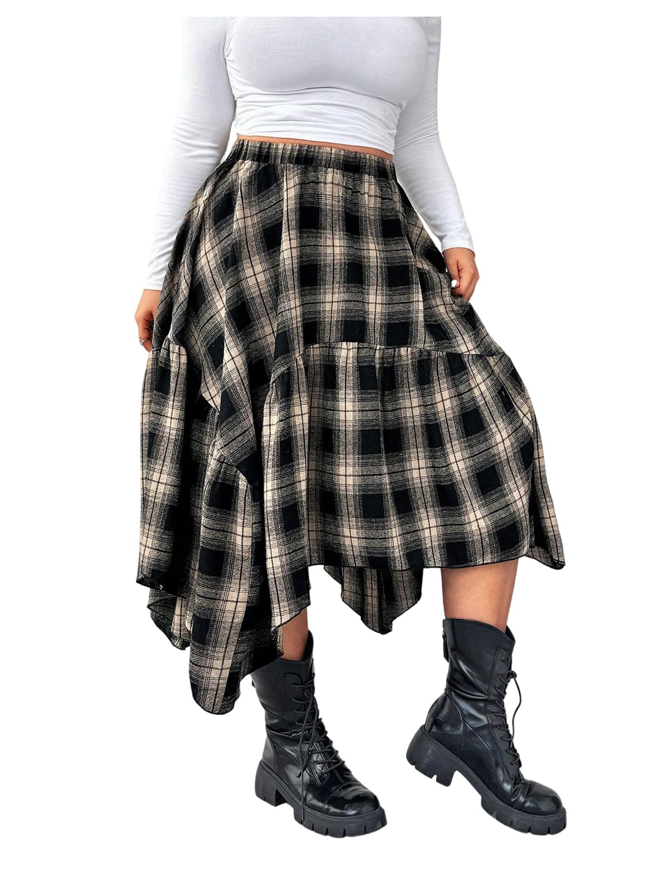 SHENHE Womens Plus Size Plaid Asymmetrical Skirt Elastic Waist Ruffle A Line Flowy Midi Skirt