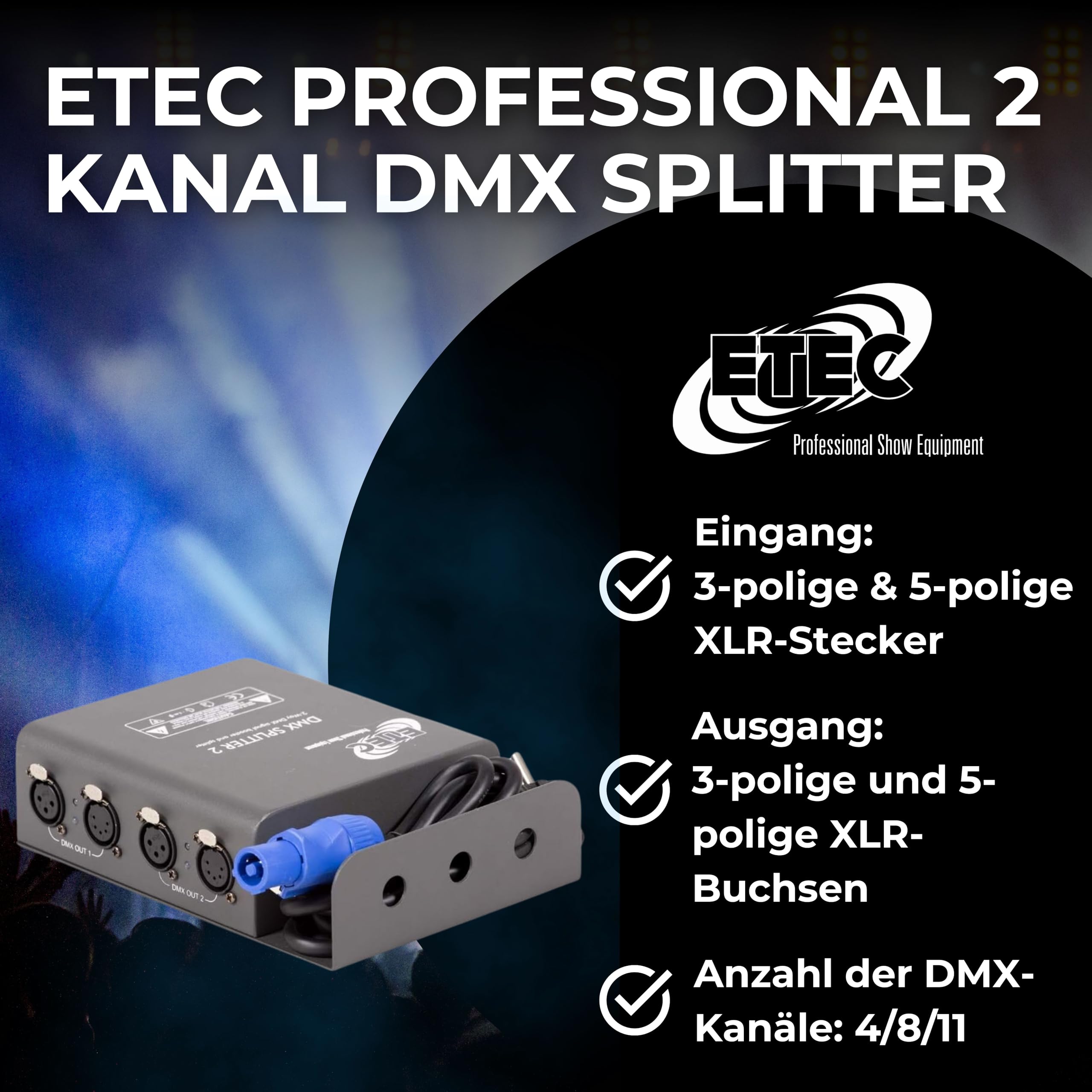 ETEC Professional 2 Kanal DMX Splitter/Booster für Traversenmontage Signalverstärker Lichttechnik Veranstaltung Bühnentechnik Party Disco DJ Event